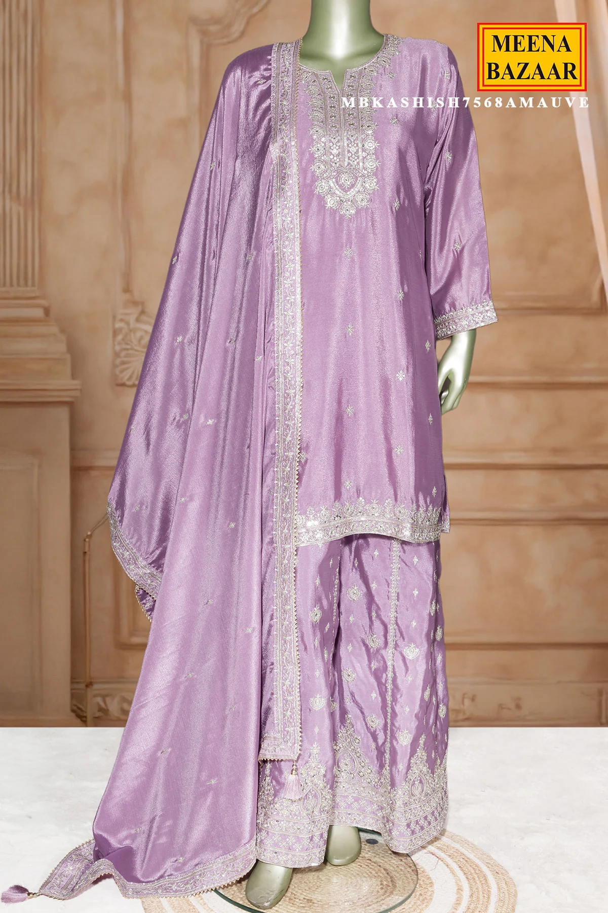 Mauve Chinon Embroidered Readymade Suit - Image 4