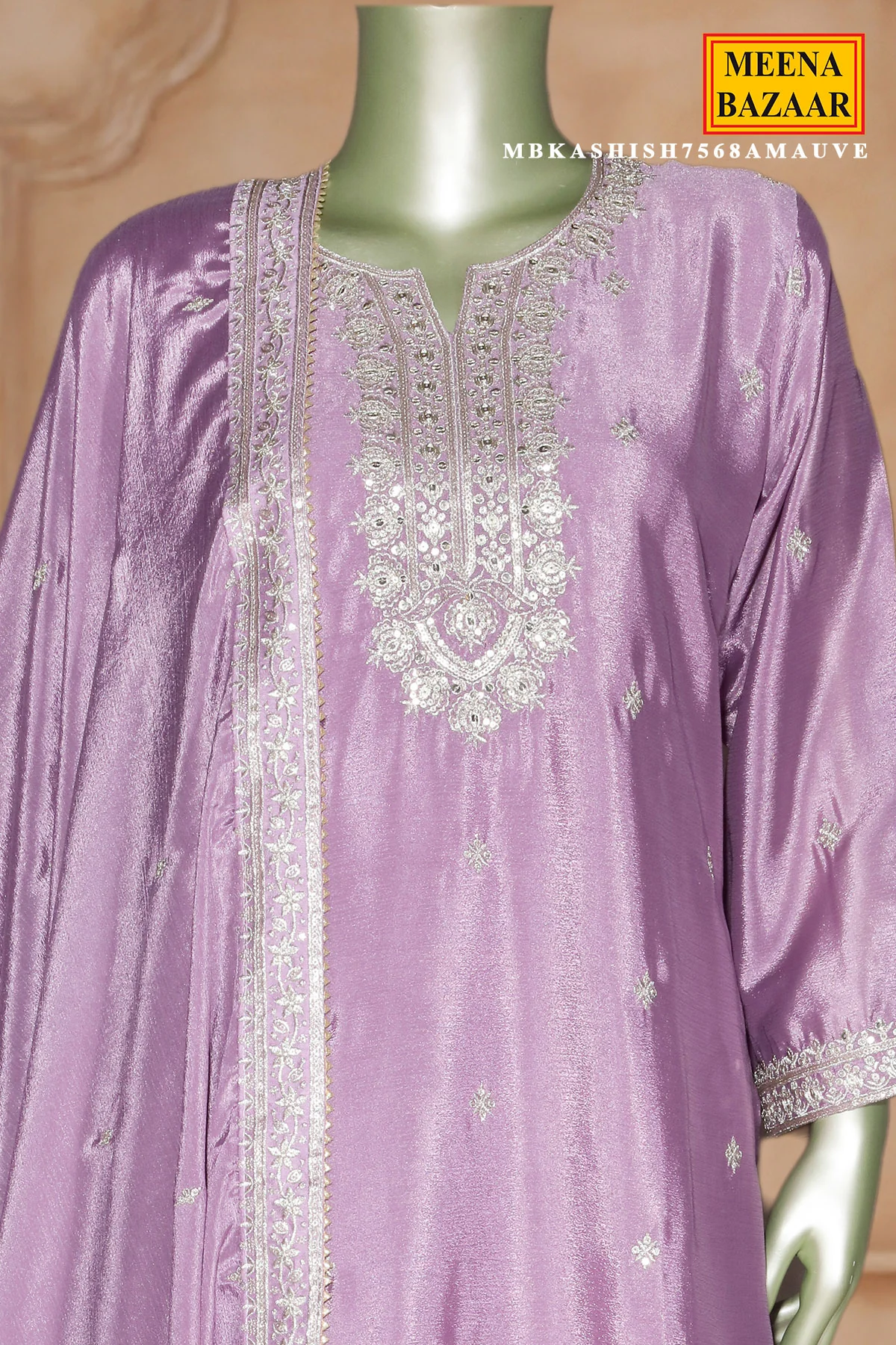 Mauve Chinon Embroidered Readymade Suit - Image 5