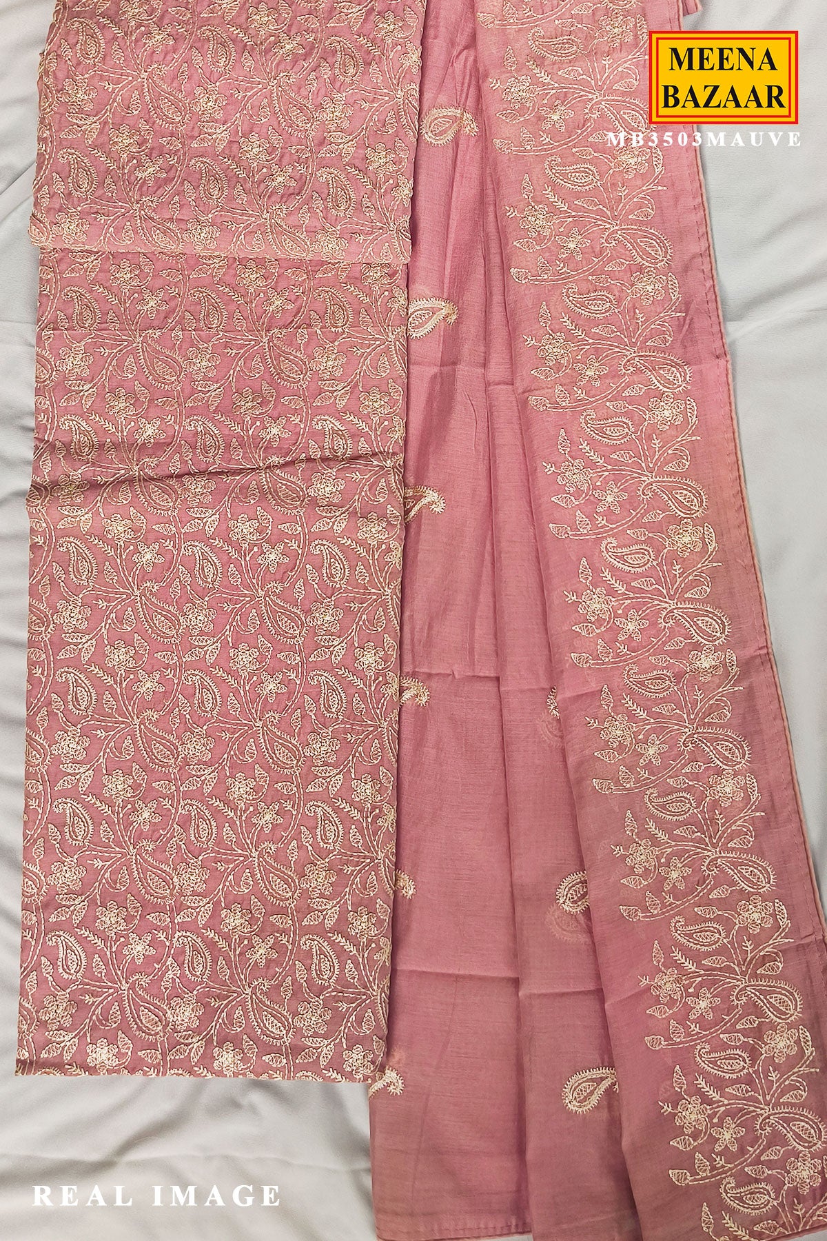 Mauve Cotton Unstitiched Suit Set with All Over Floral Embroidery & Dupatta for Women - Image 4