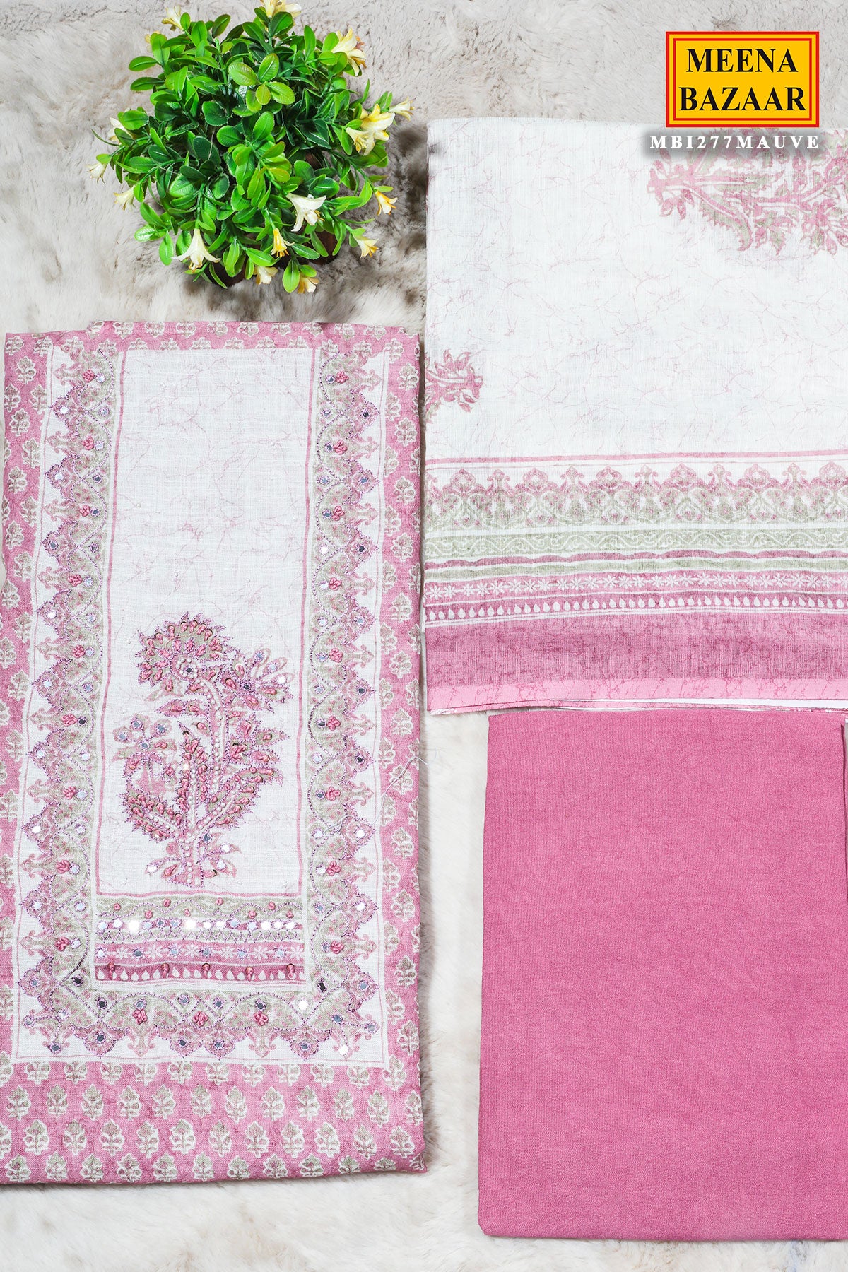 Mauve Cotton Unstitched Suit with Embroidery - Image 2