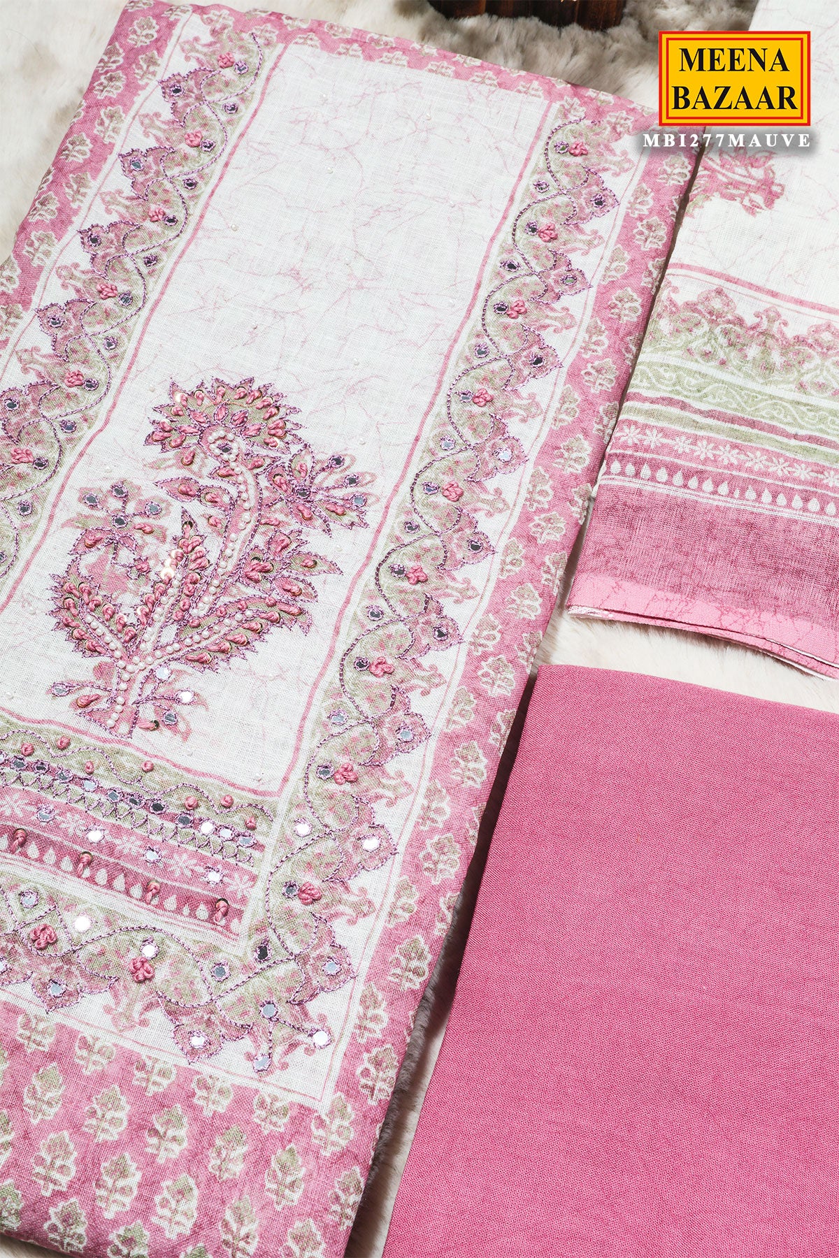 Mauve Cotton Unstitched Suit with Embroidery - Image 3