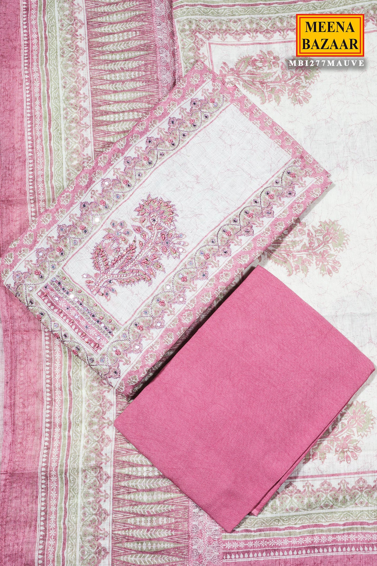 Mauve Cotton Unstitched Suit with Embroidery - Image 4