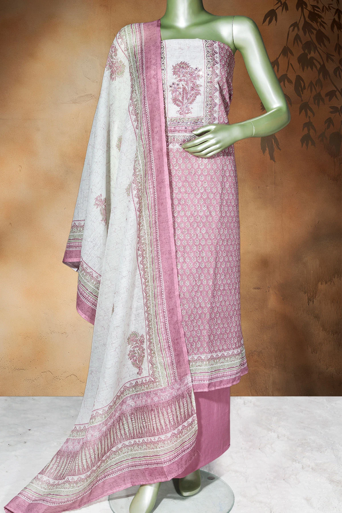 Mauve Cotton Unstitched Suit with Embroidery - Image 5
