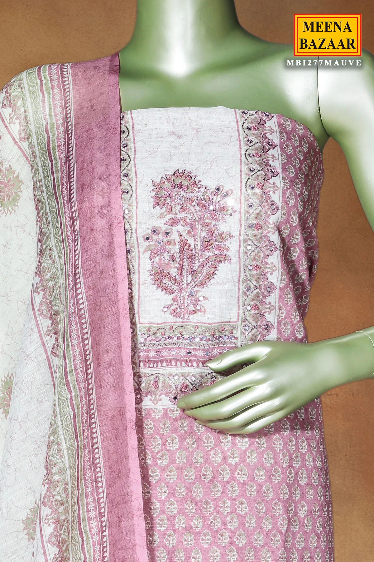 Mauve Cotton Unstitched Suit with Embroidery - Image 6