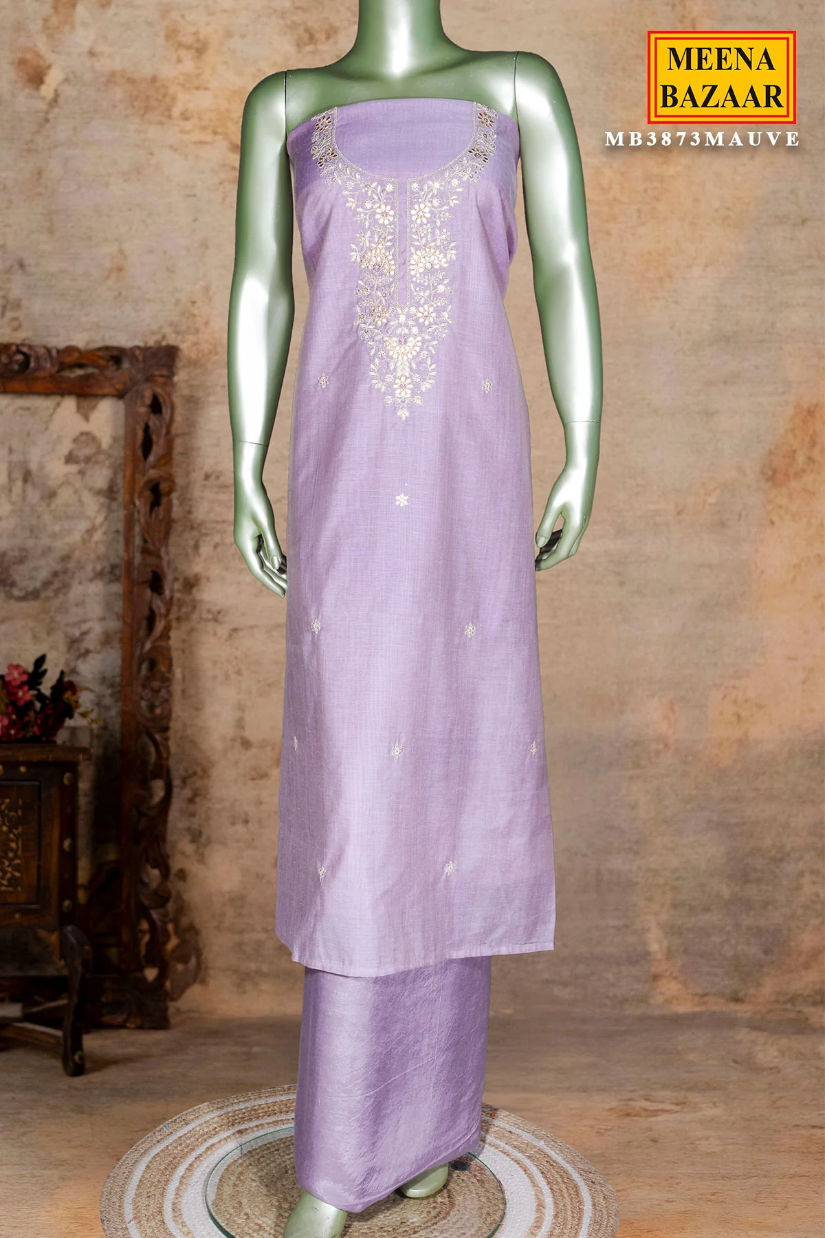 Mauve Embroidered Chanderi Unstitched Suit Set with Dupatta for Women - Image 4