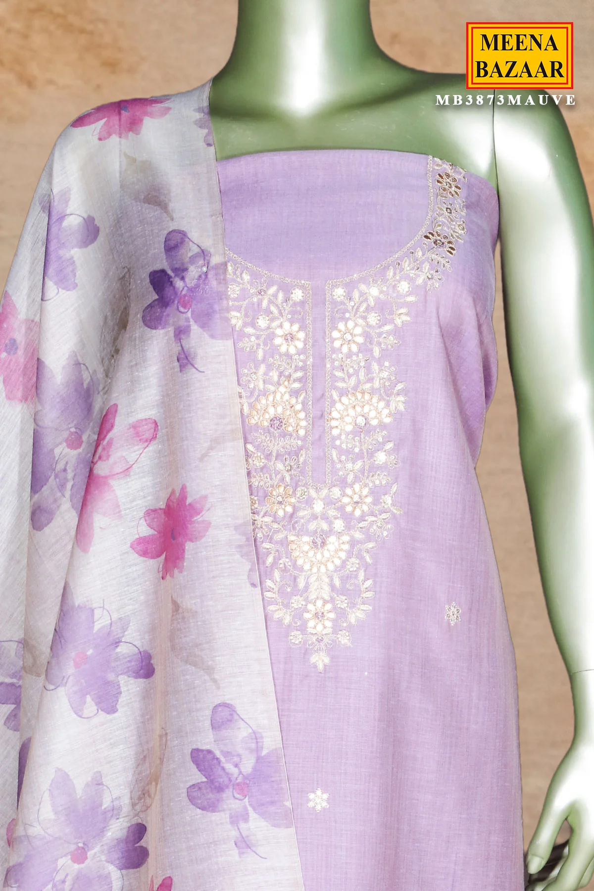 Mauve Embroidered Chanderi Unstitched Suit Set with Dupatta for Women - Image 5