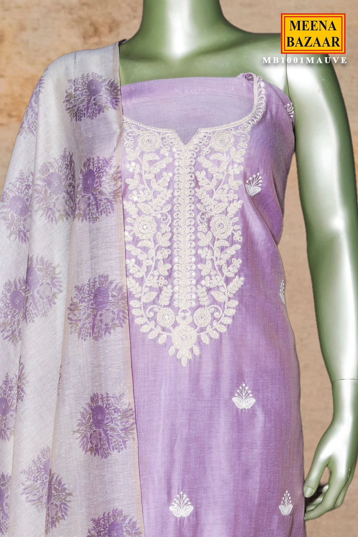 Mauve Embroidered Chanderi Unstitched Suit Set with Dupatta for Women - Image 4