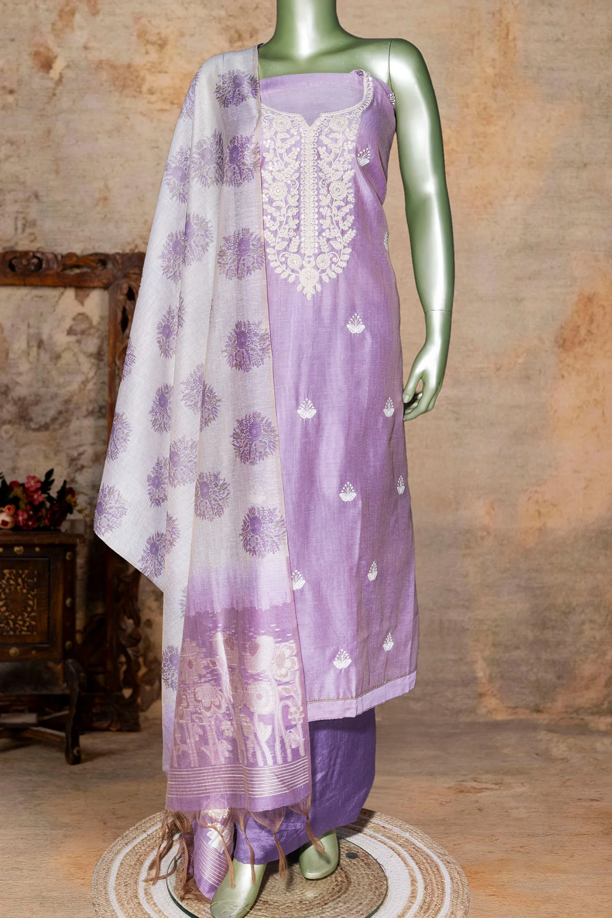 Mauve Embroidered Chanderi Unstitched Suit Set with Dupatta for Women - Image 5