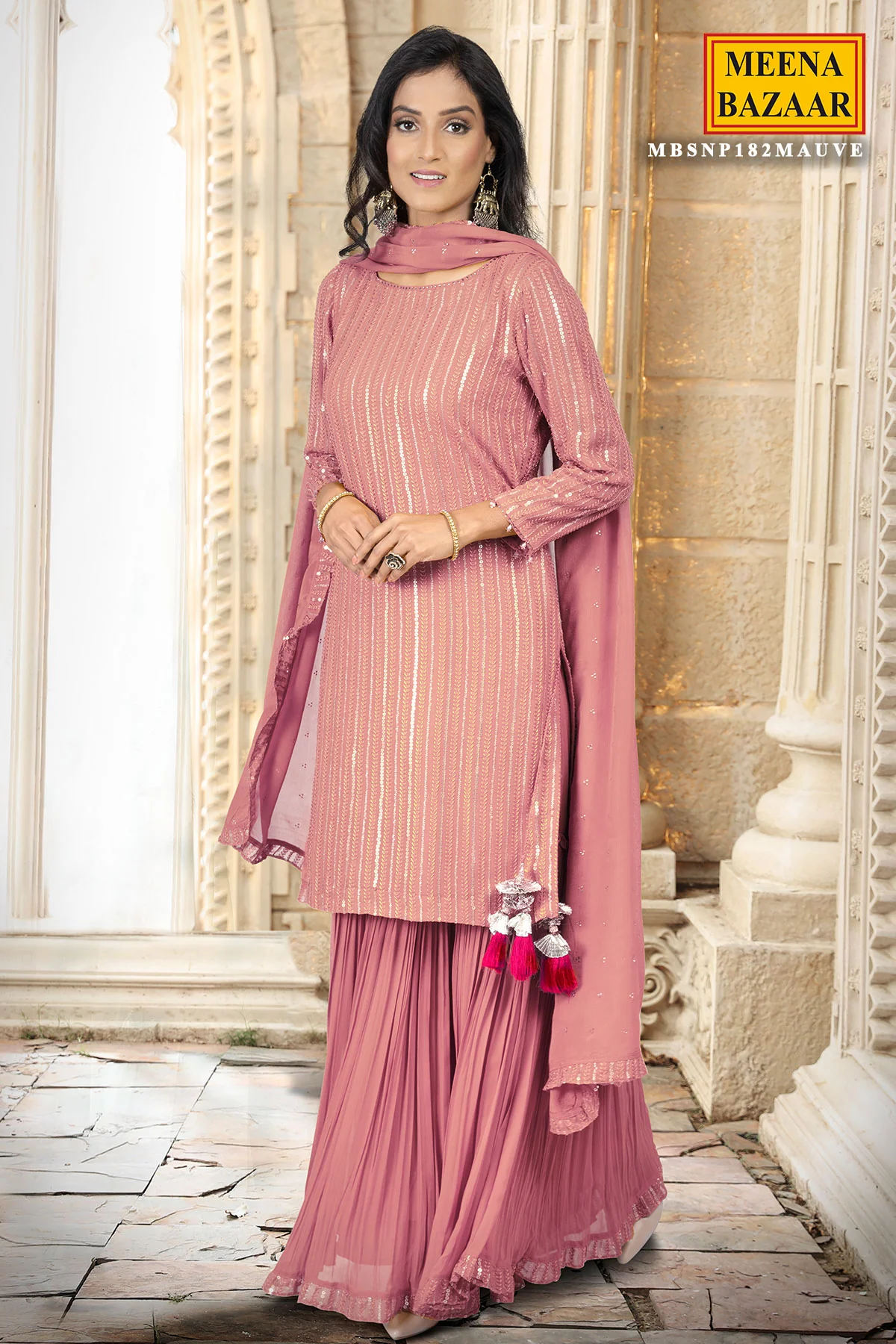 Mauve Georgette Sequin Embroidered Suit Set - Image 3