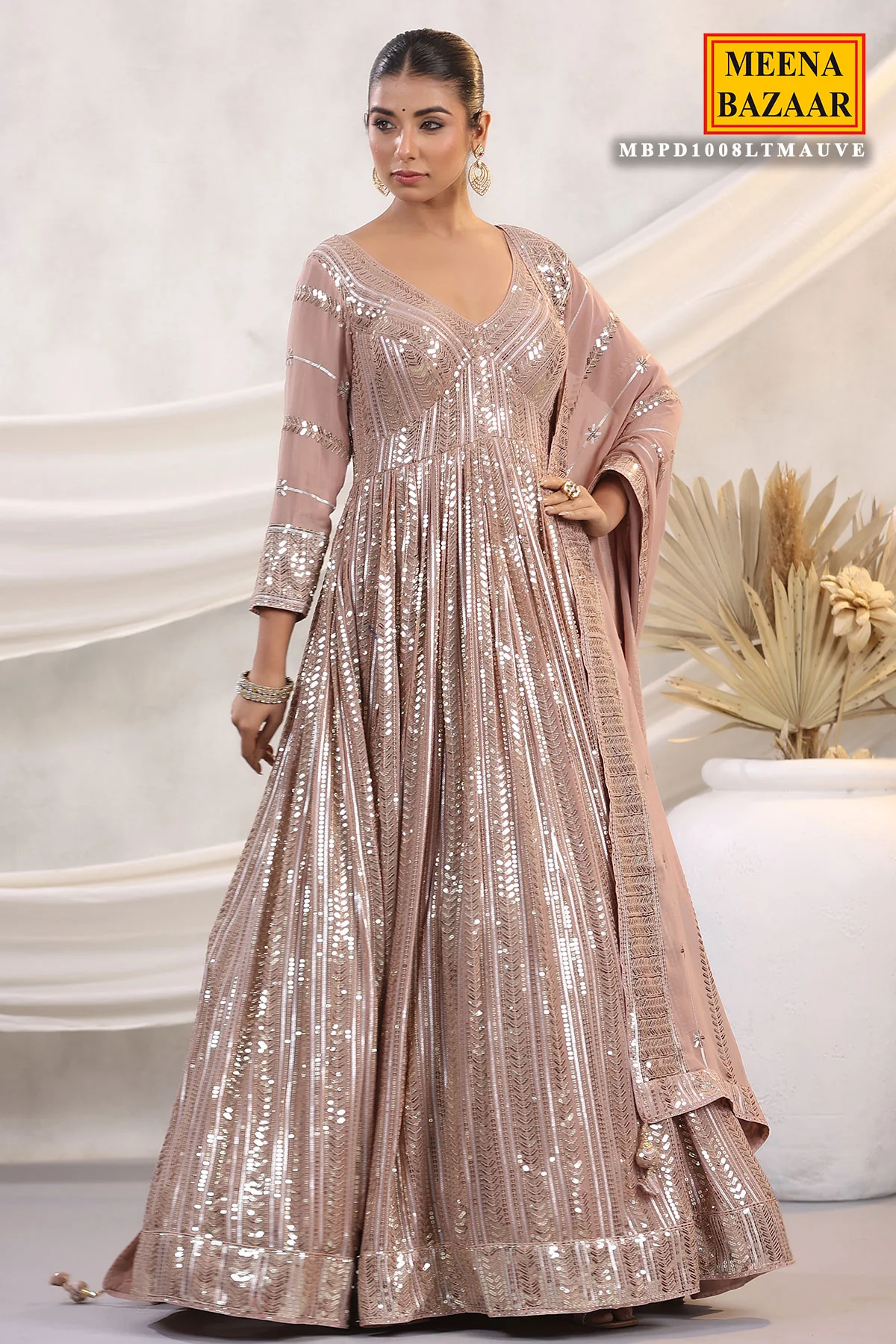 Mauve Georgette Sequins Embroidered Floor Length Anarkali Gown with Dupatta - Image 3