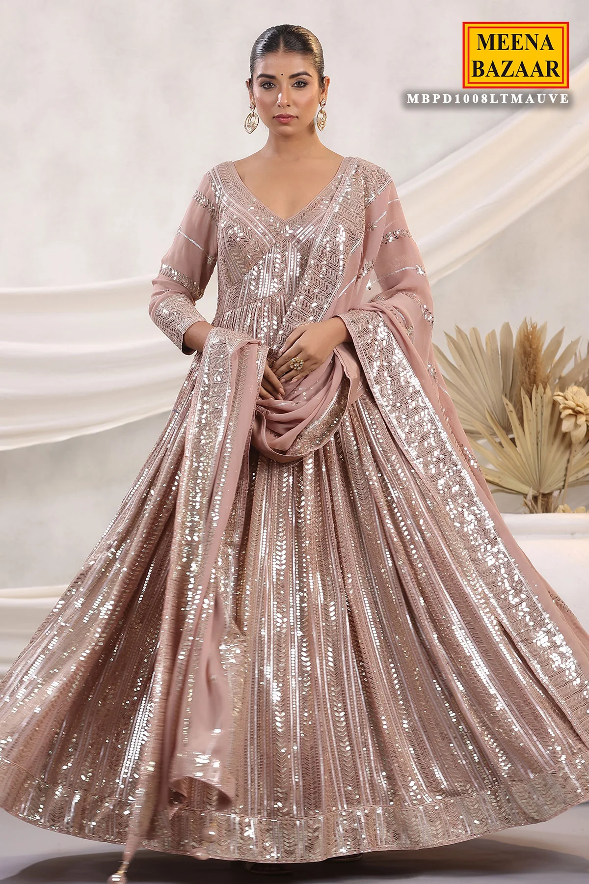 Mauve Georgette Sequins Embroidered Floor Length Anarkali Gown with Dupatta - Image 4