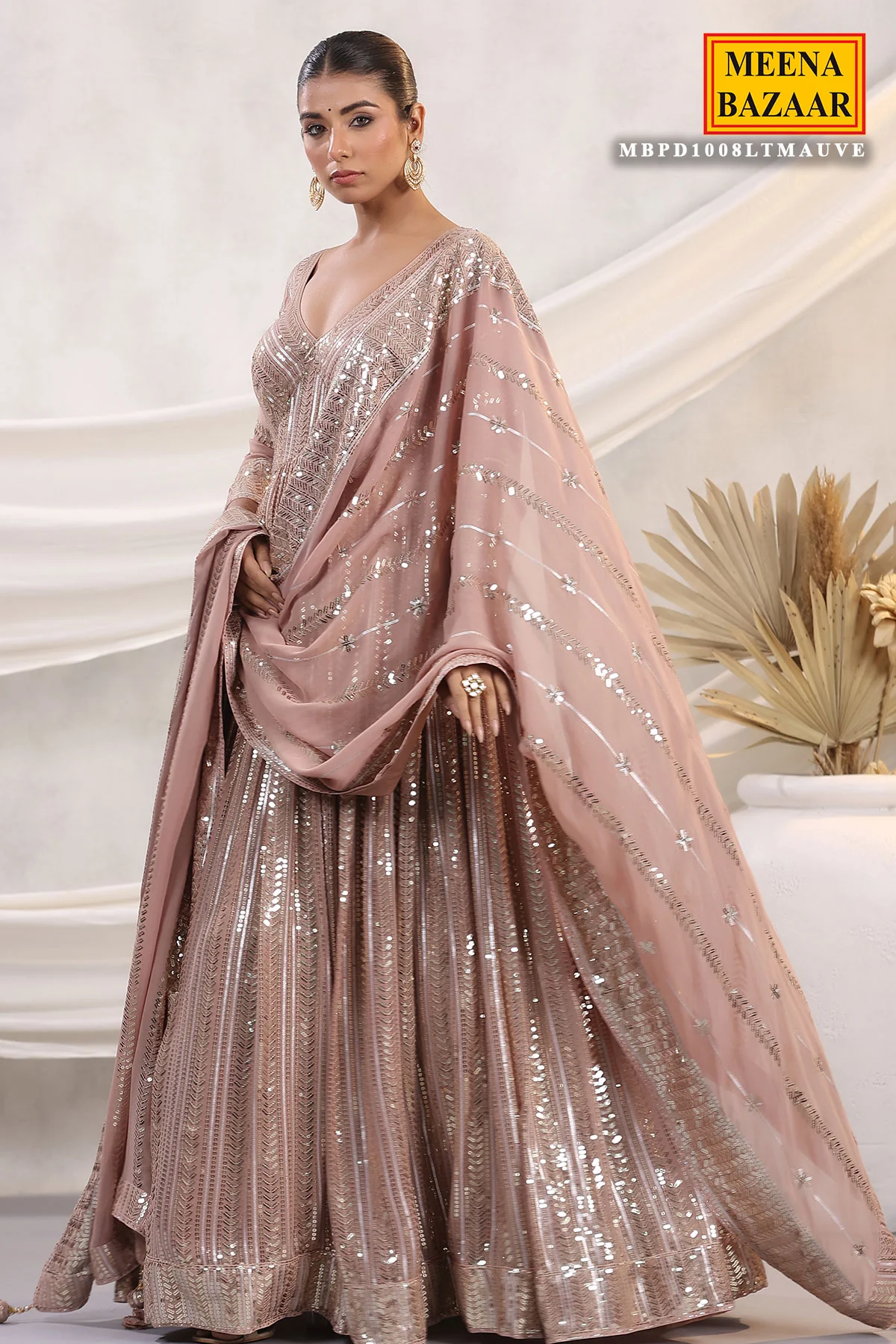 Mauve Georgette Sequins Embroidered Floor Length Anarkali Gown with Dupatta - Image 5
