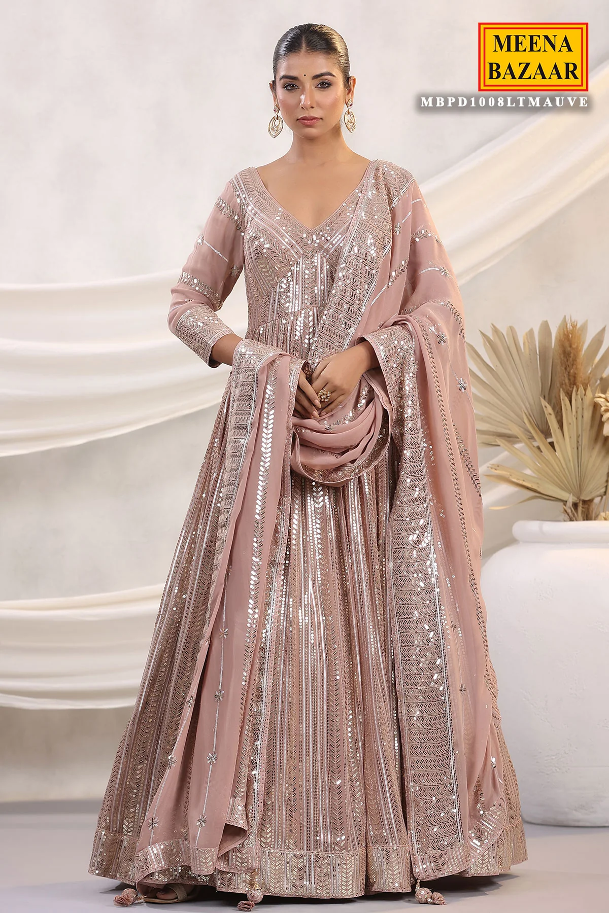 Mauve Georgette Sequins Embroidered Floor Length Anarkali Gown with Dupatta - Image 6