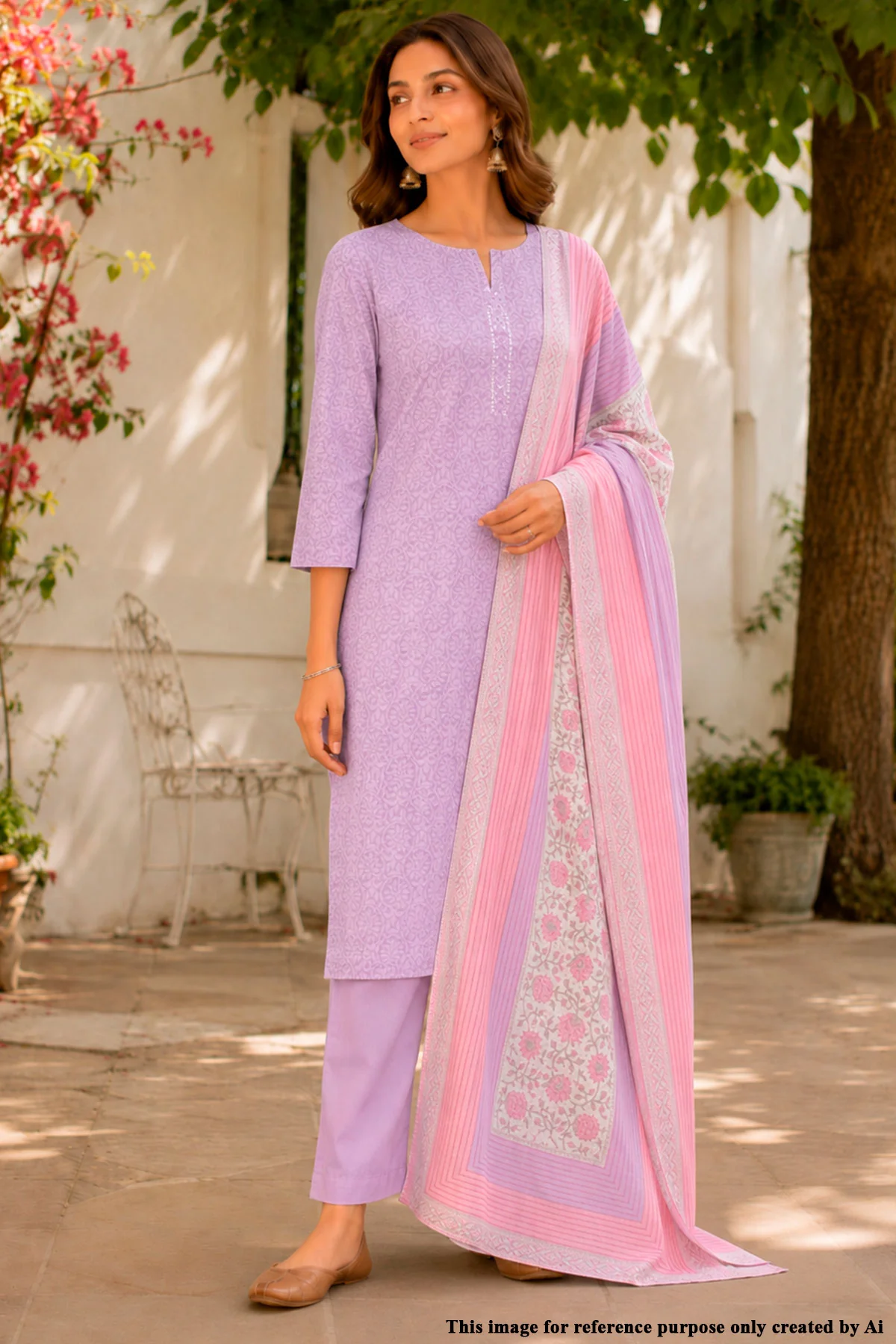 Mauve Printed Kurta Pant Set with Floral Striped Dupatta