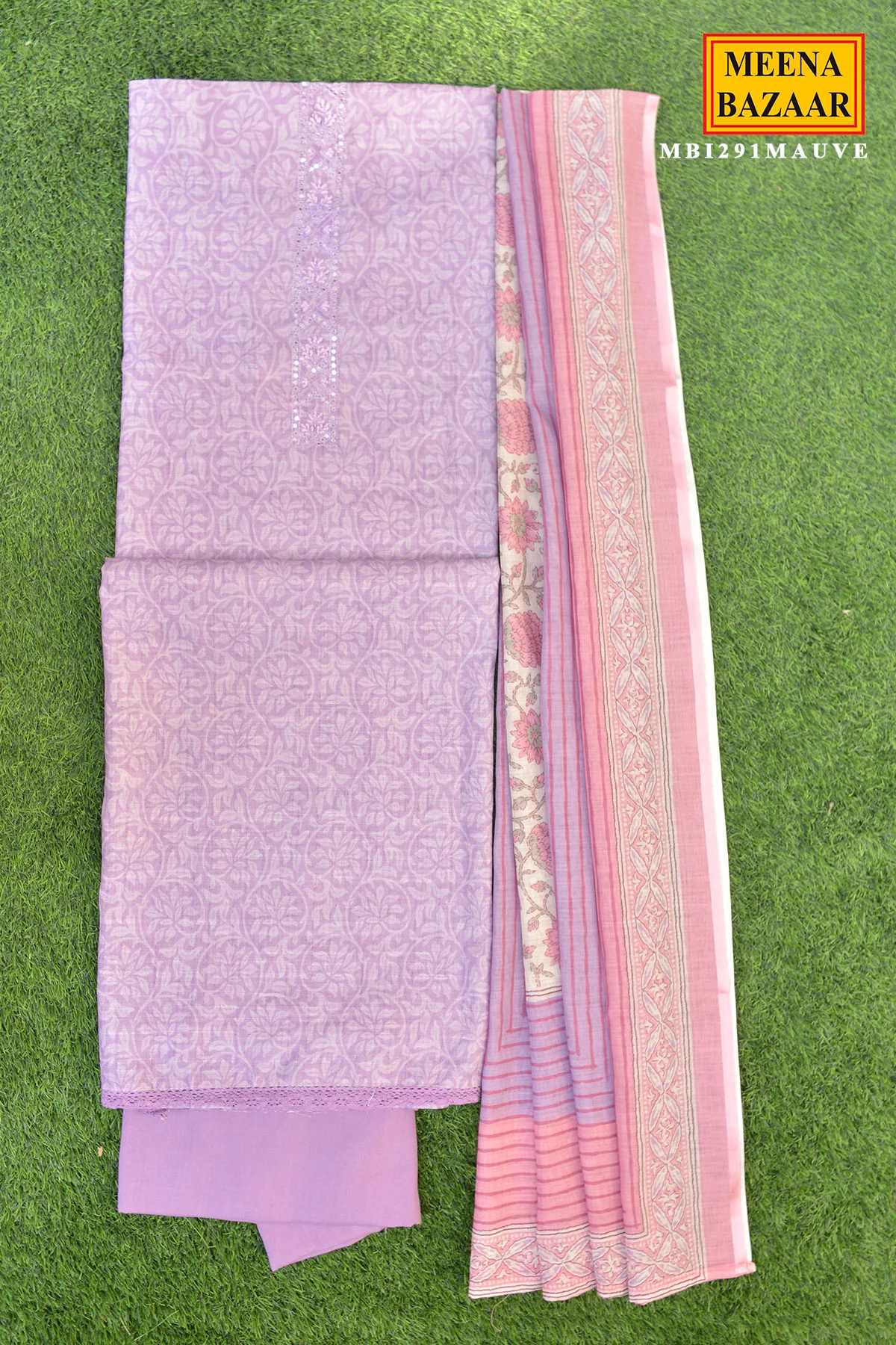 Mauve Printed Kurta Pant Set with Floral Striped Dupatta - Image 2