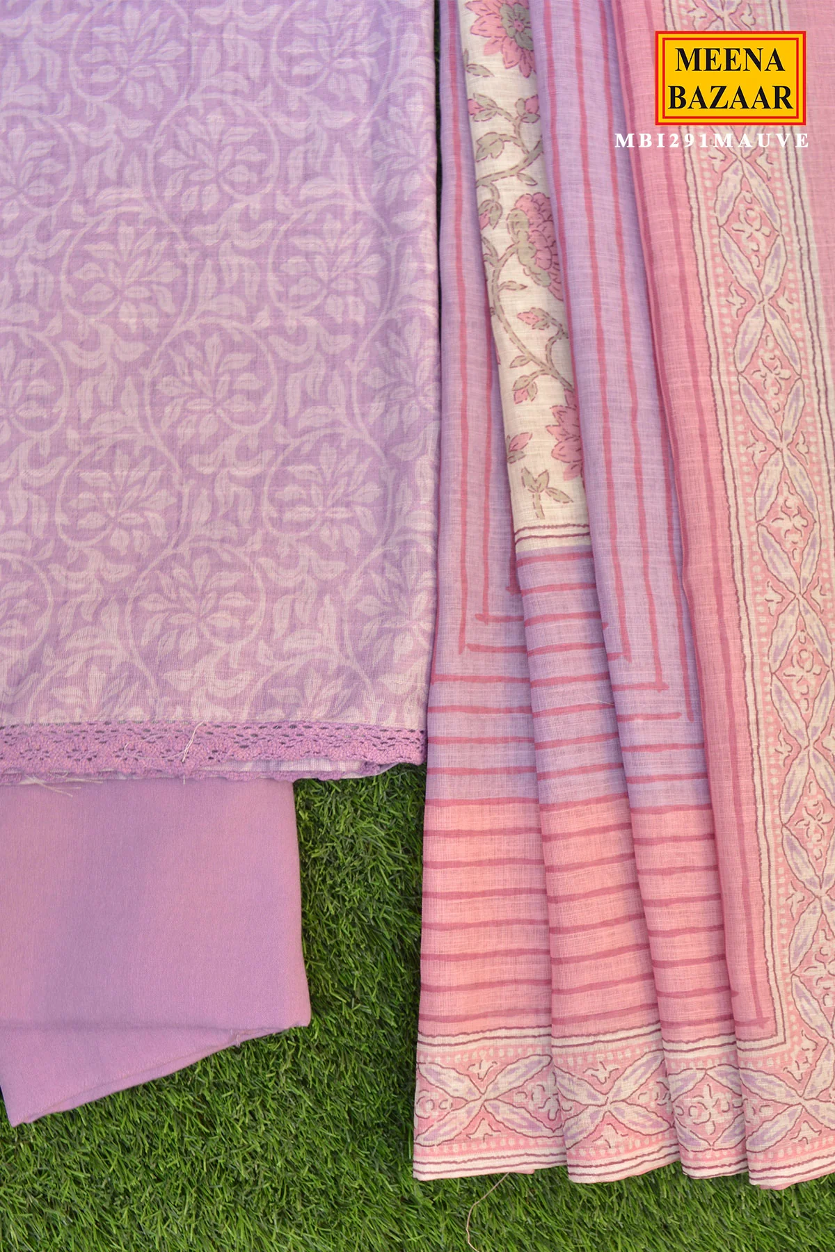 Mauve Printed Kurta Pant Set with Floral Striped Dupatta - Image 3
