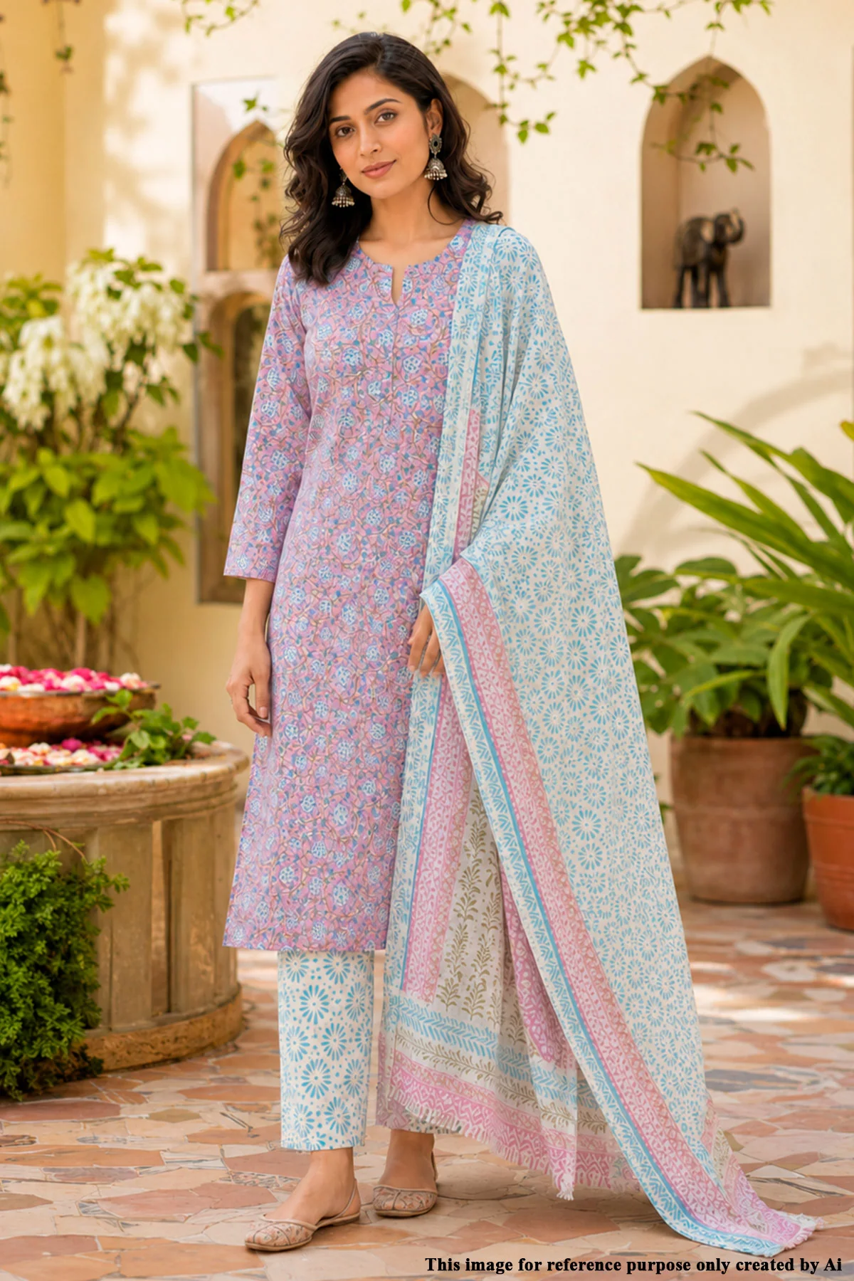 Mauve Printed Suit Set with Floral Pants & Dupatta