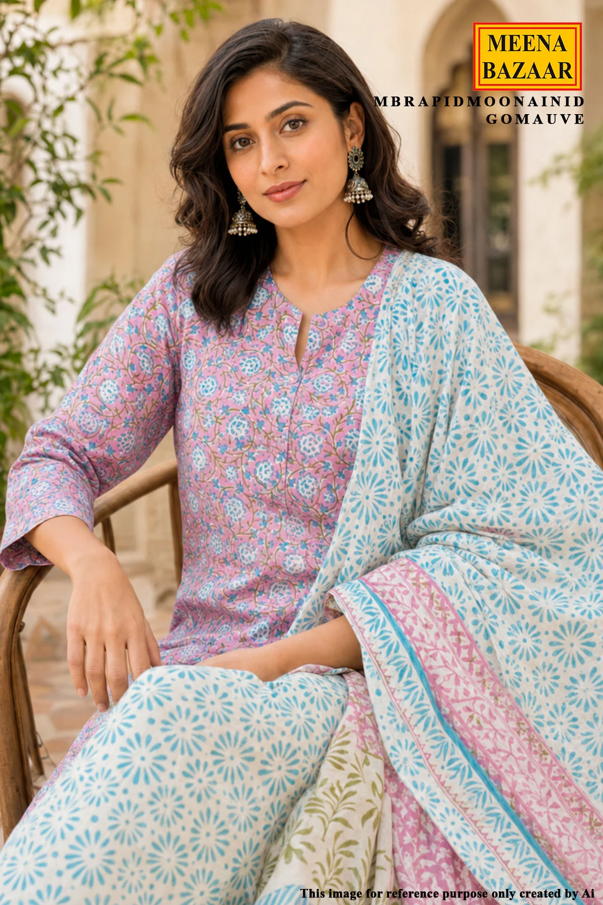 Mauve Printed Suit Set with Floral Pants & Dupatta - Image 2