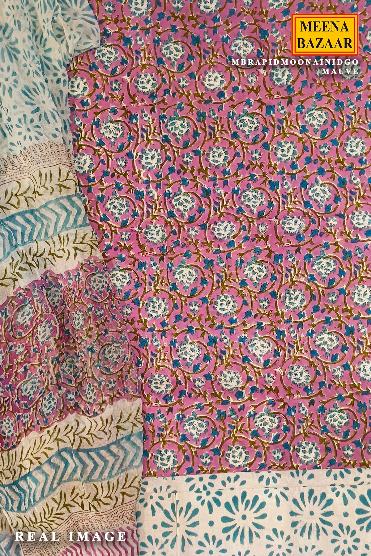 Mauve Printed Suit Set with Floral Pants & Dupatta - Image 3