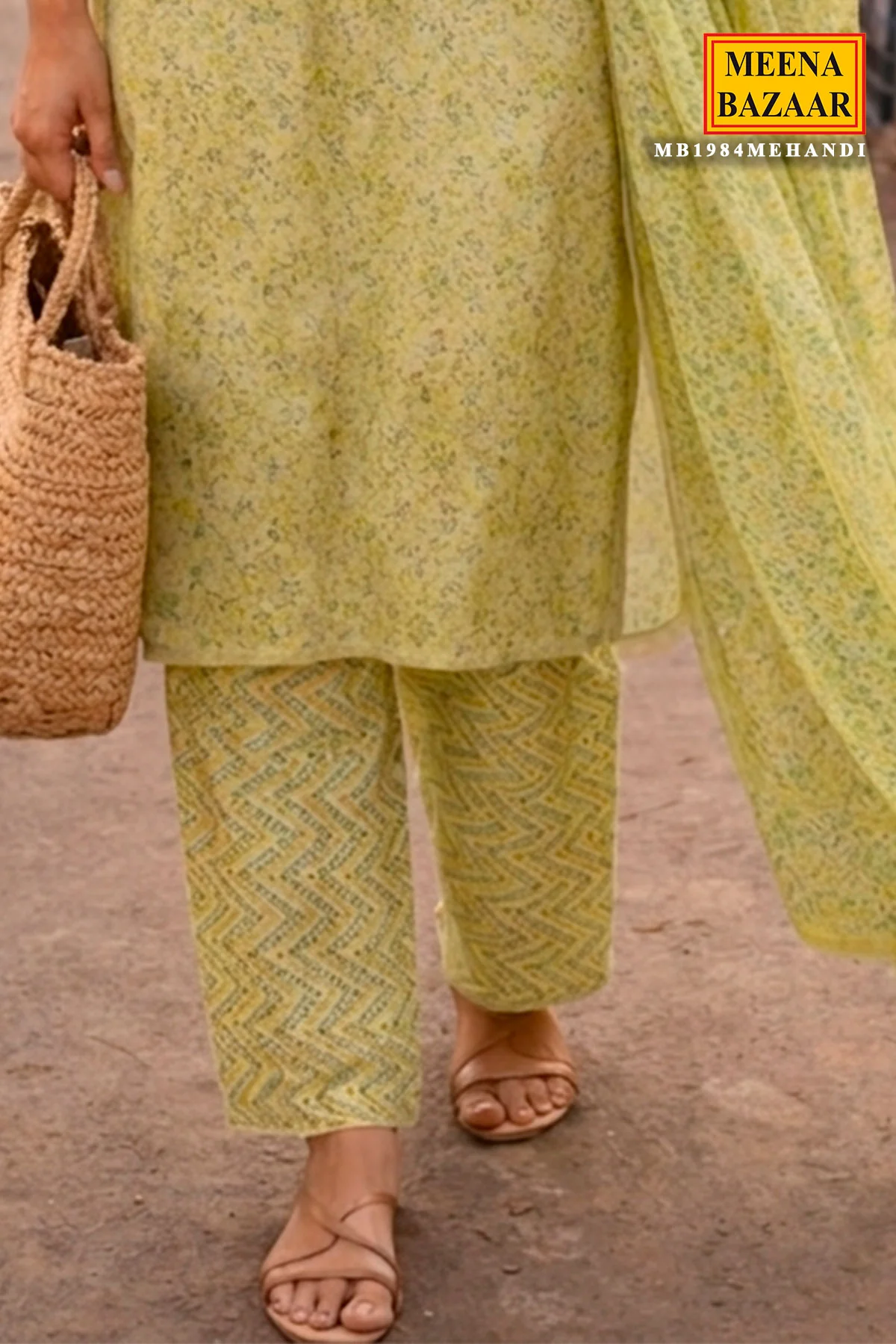 Mehandi Bloom Kurta Set with Soft Floral Dupatta - Image 3