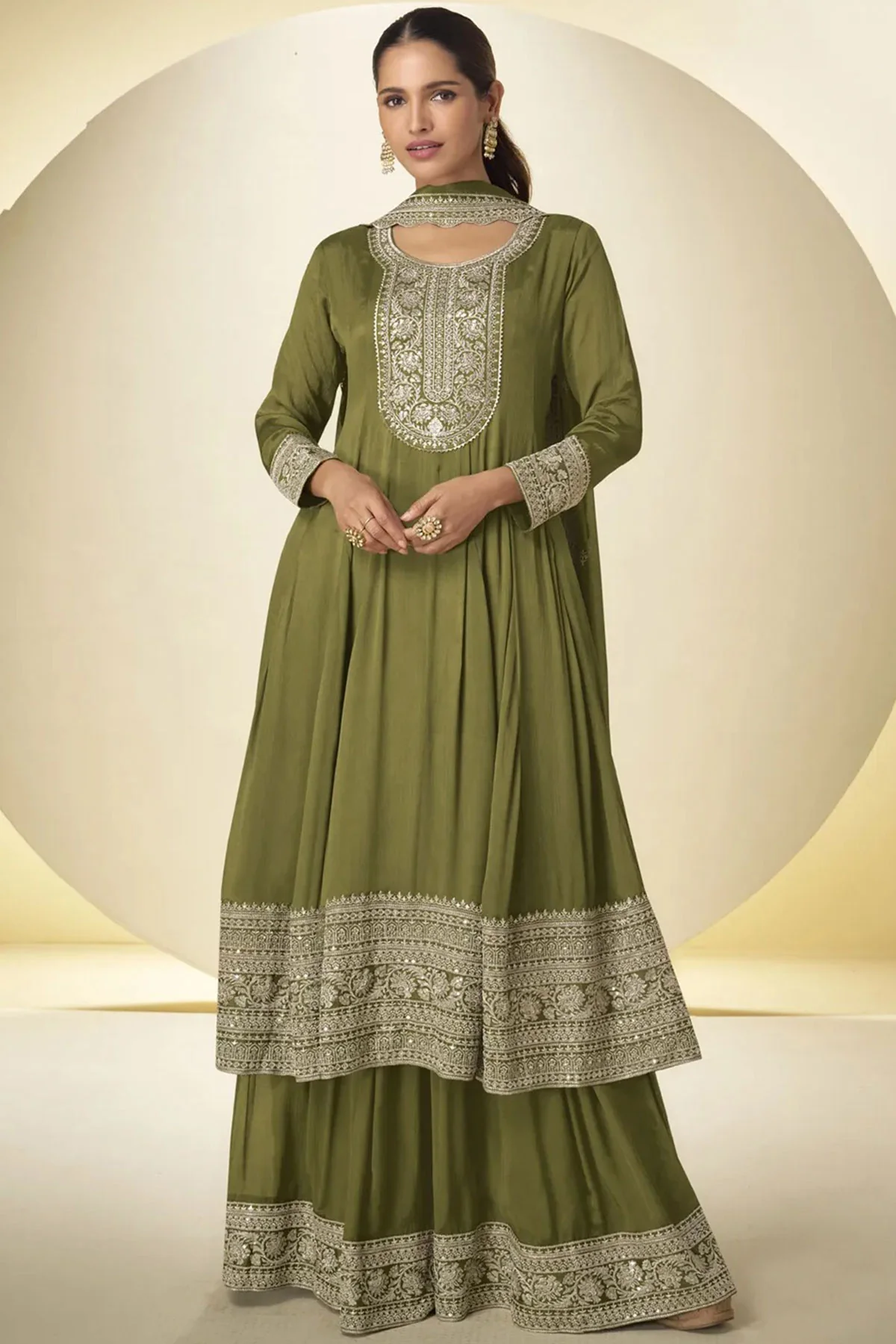 Mehandi Chinon Ready-Made Suit with Elegant Neck Embroidery