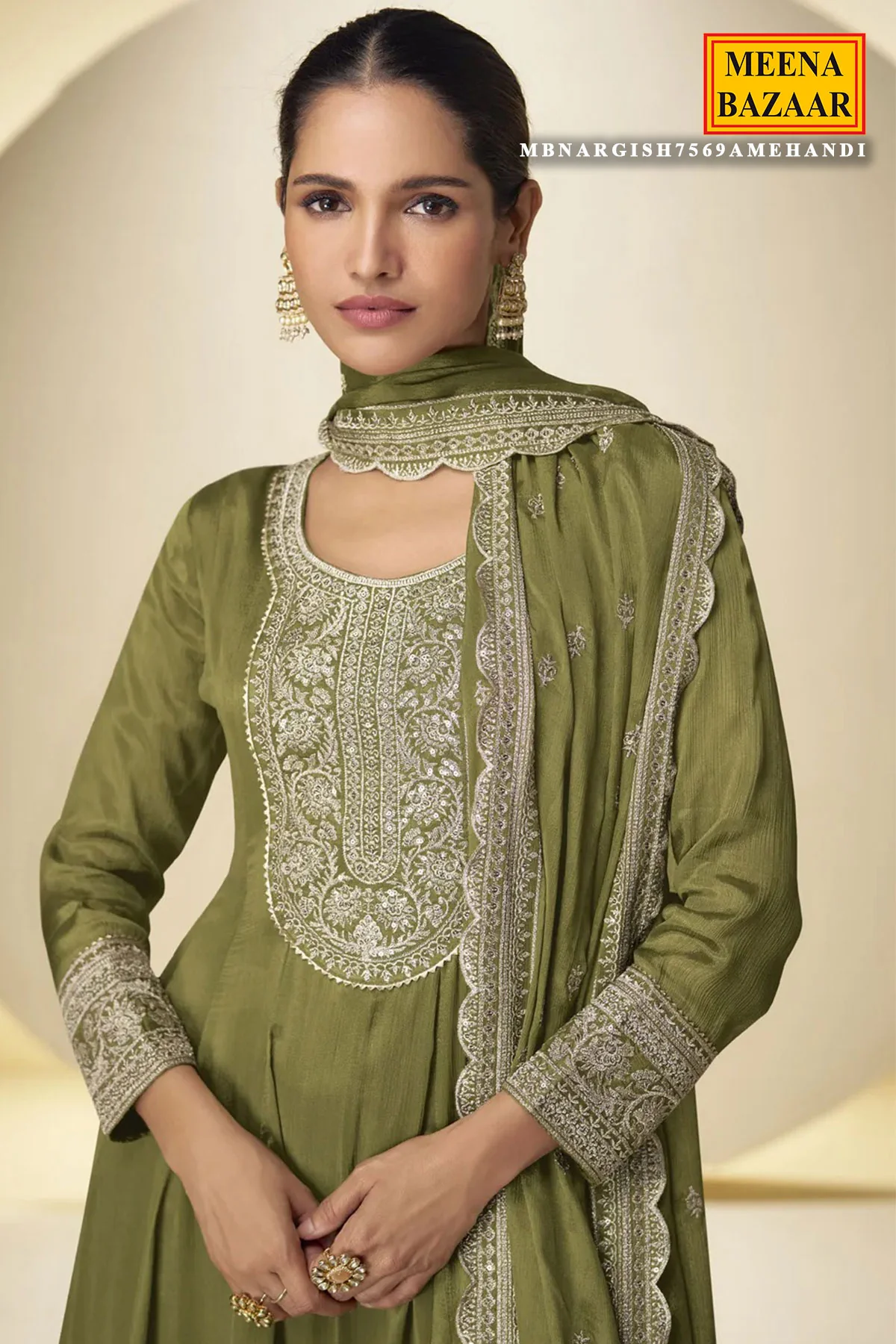 Mehandi Chinon Ready-Made Suit with Elegant Neck Embroidery - Image 2