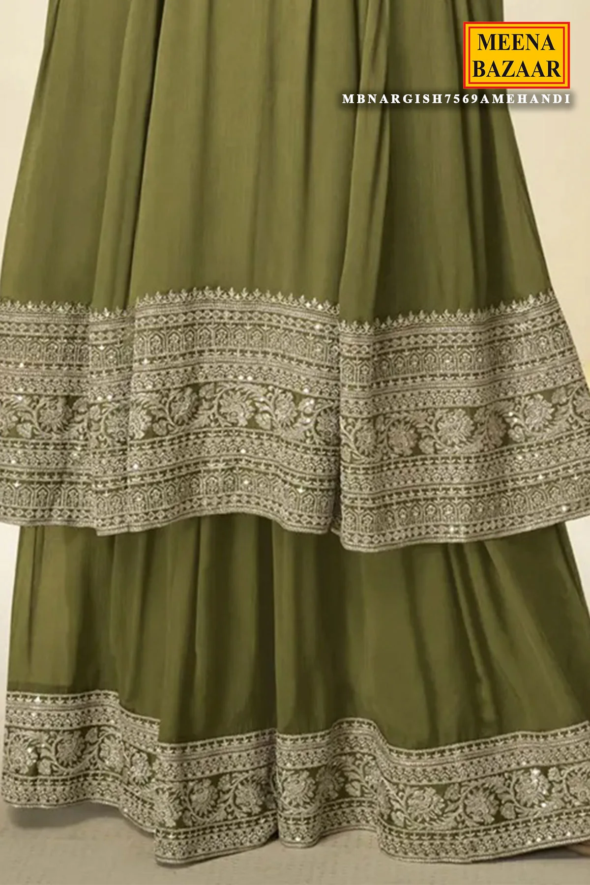 Mehandi Chinon Ready-Made Suit with Elegant Neck Embroidery - Image 3