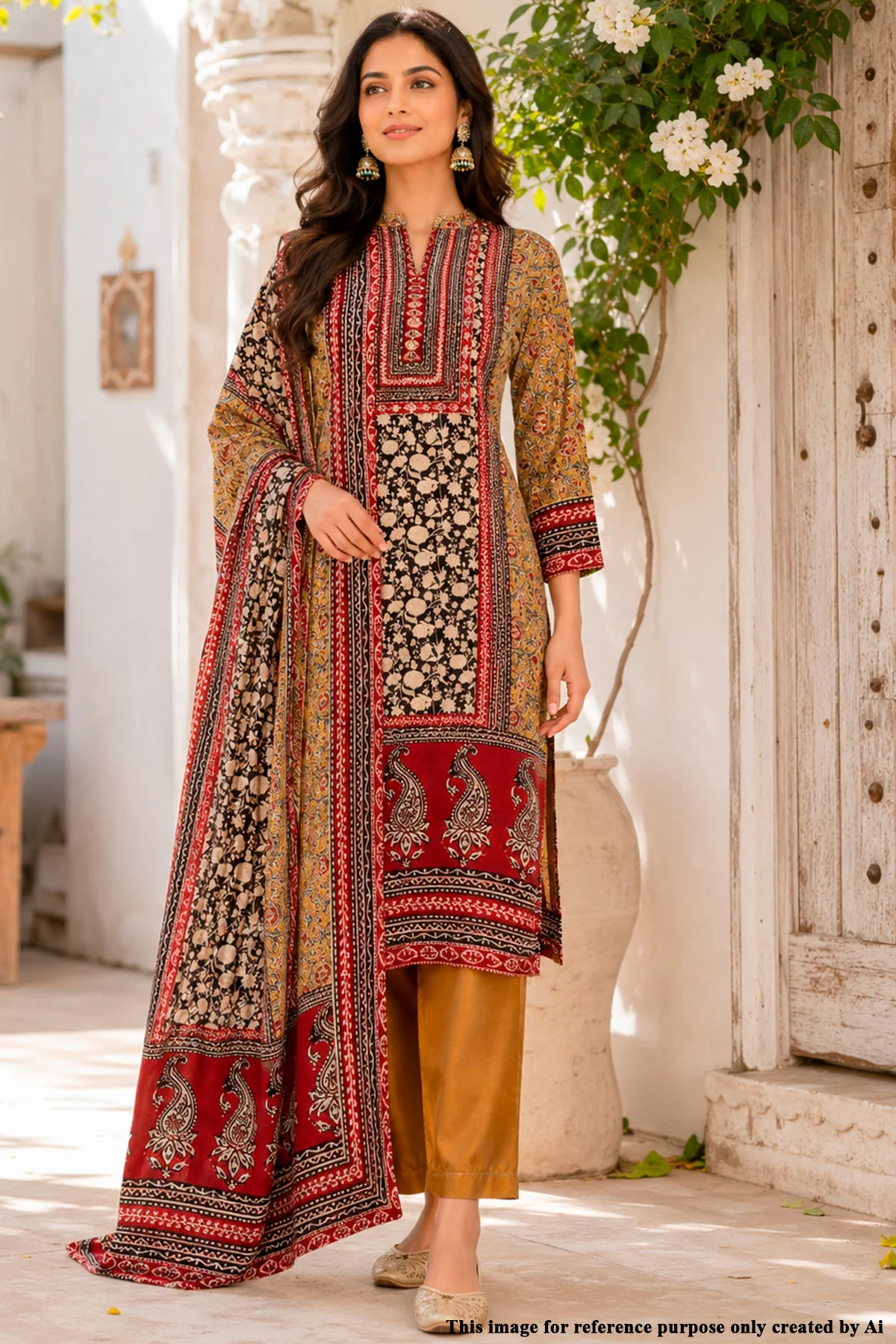Mehandi Crepe Neck Embroidered ReadyMade Suit