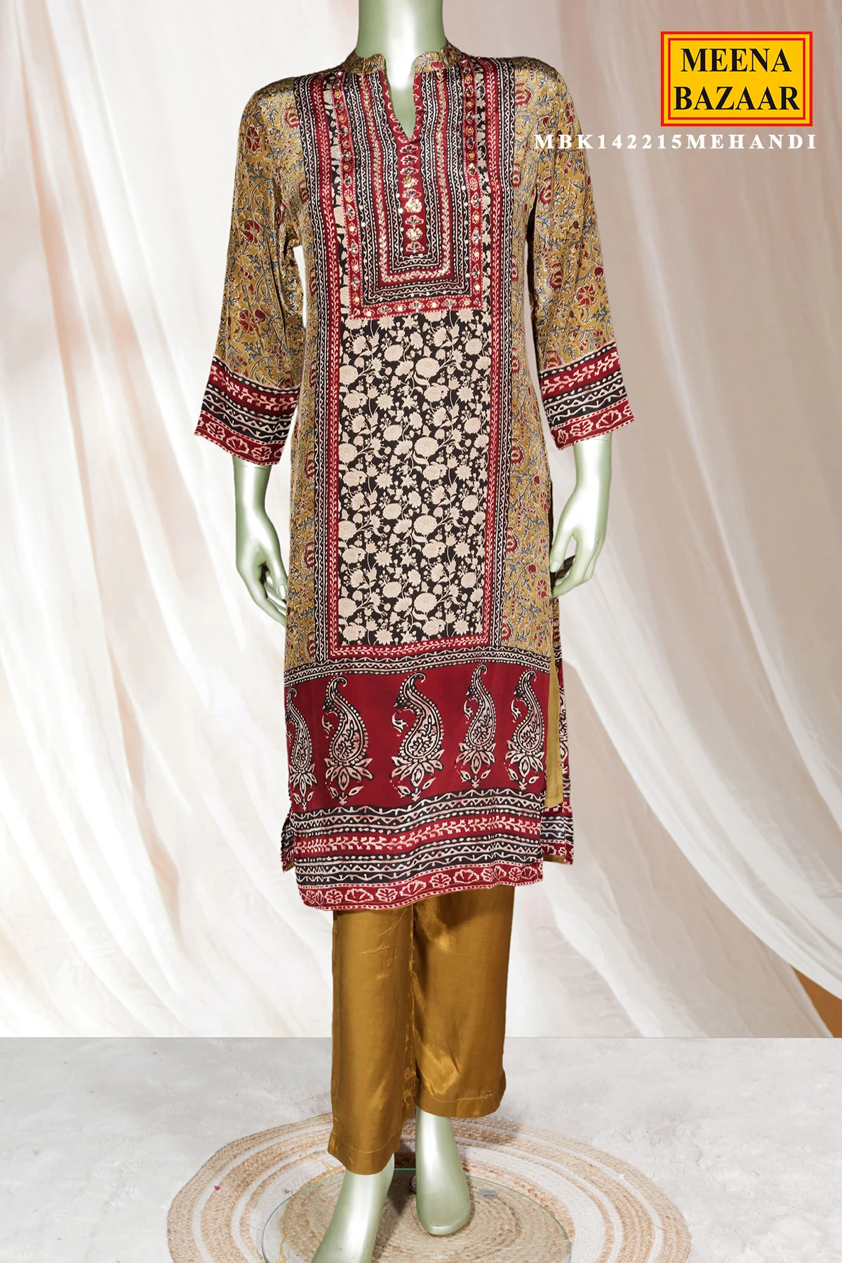 Mehandi Crepe Neck Embroidered ReadyMade Suit - Image 3