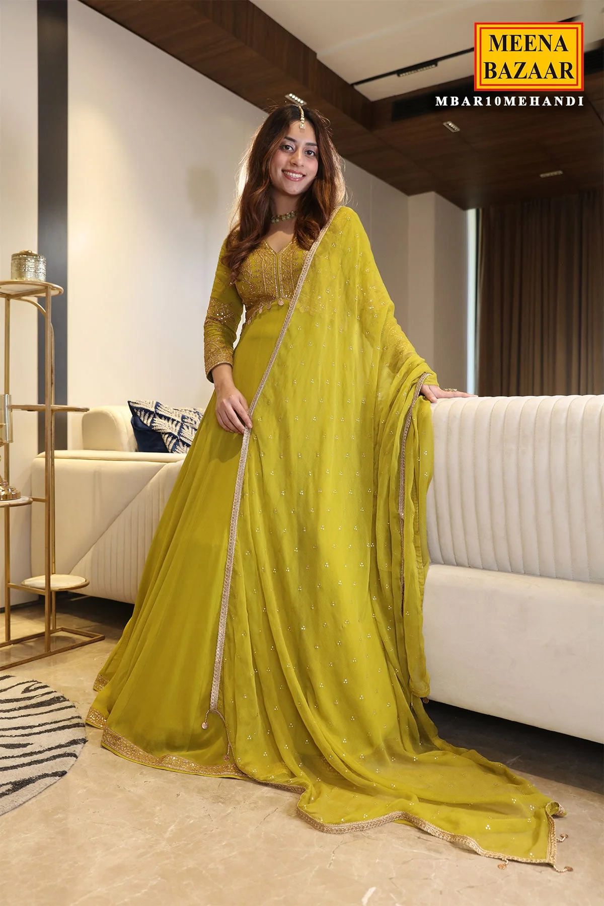 Mehandi Georgette Thread, Zari Embroidered Anarkali Suit - Image 10