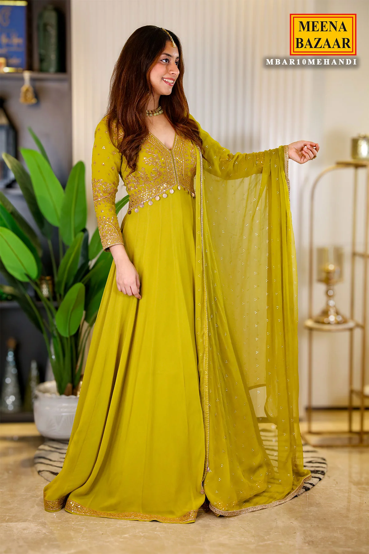 Mehandi Georgette Thread, Zari Embroidered Anarkali Suit - Image 2