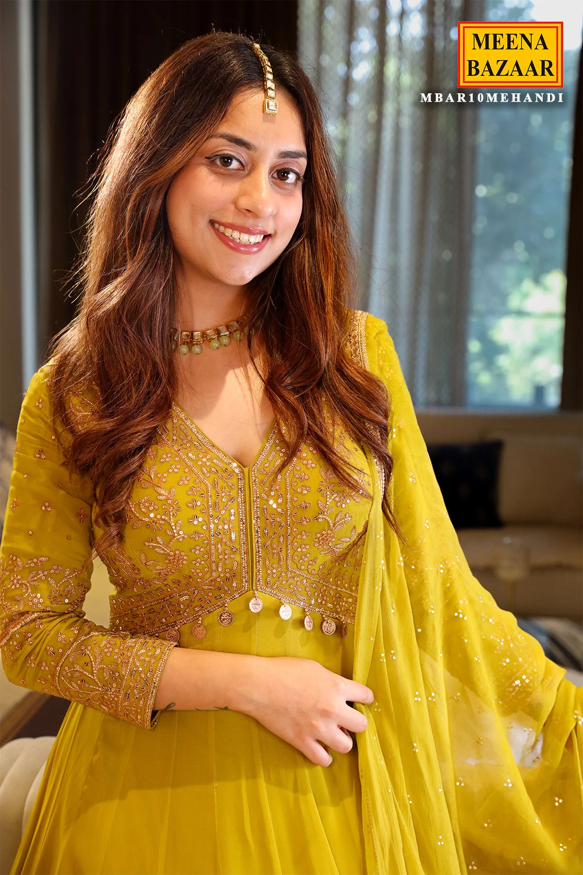 Mehandi Georgette Thread, Zari Embroidered Anarkali Suit - Image 4