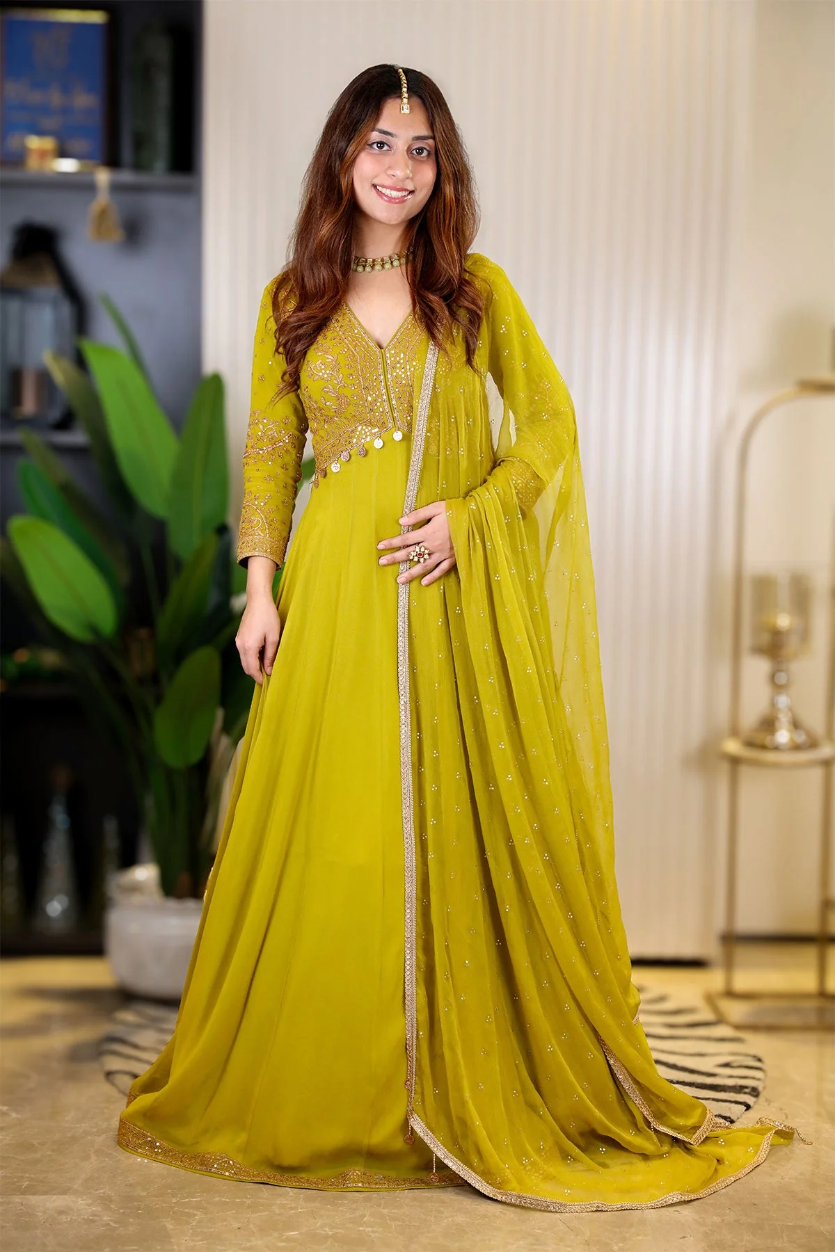 Mehandi Georgette Thread, Zari Embroidered Anarkali Suit - Image 6