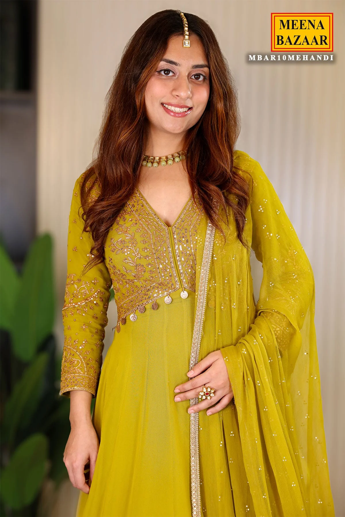 Mehandi Georgette Thread, Zari Embroidered Anarkali Suit - Image 8