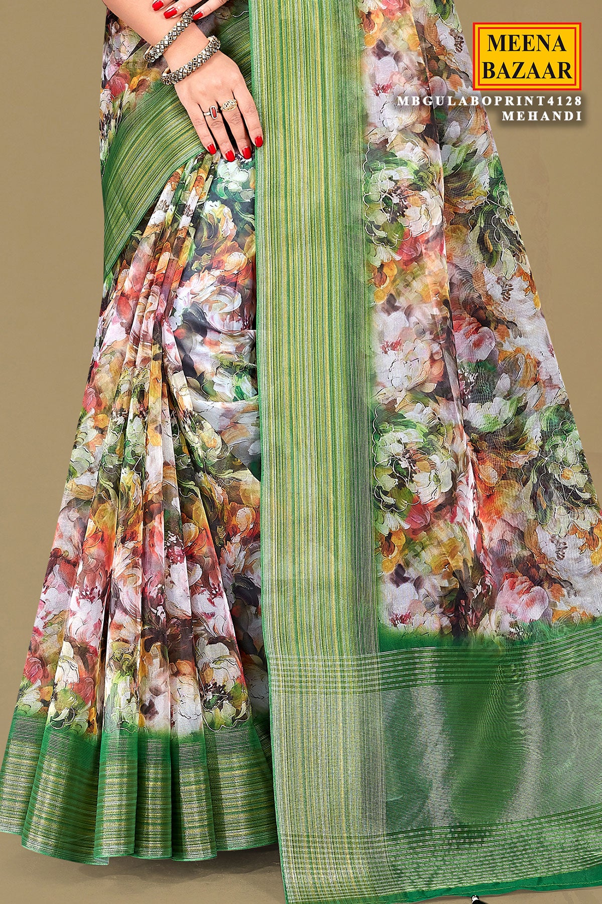 Mehandi Organza Saree with Floral Embroidery & Shimmering Border - Image 3