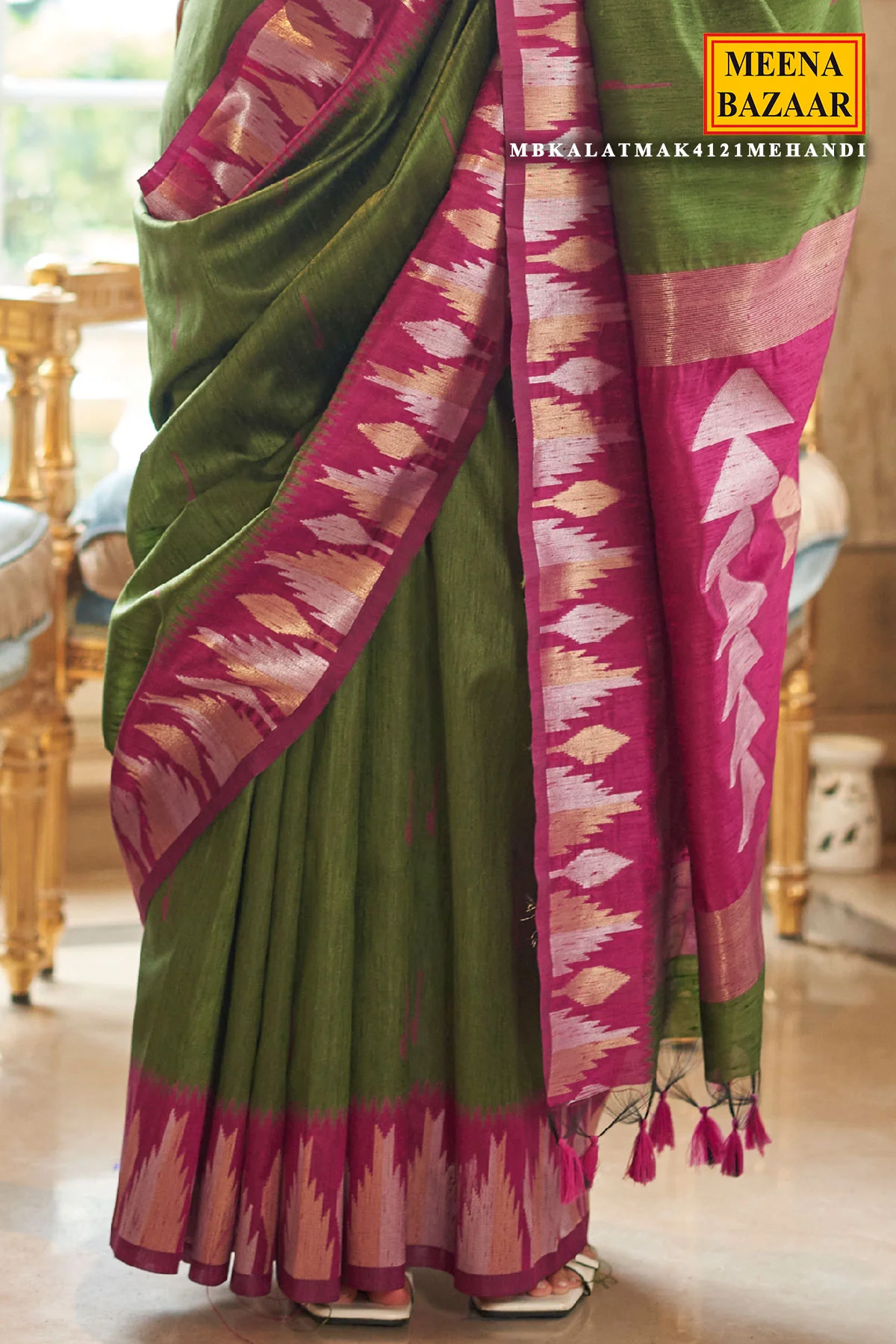 Mehandi Silk Saree with Rani Border - Elegant Designer Festive Wear - Image 3