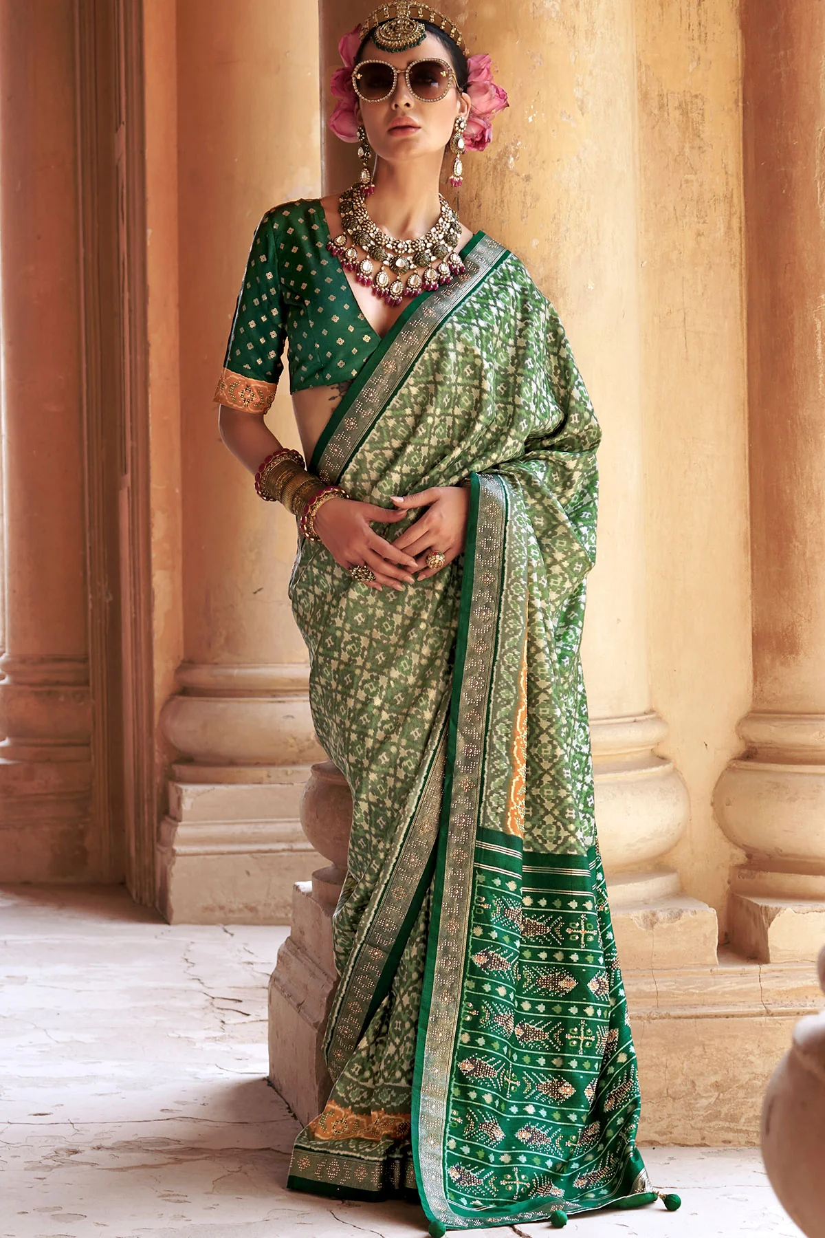 Mehandi Silk Saree with Siroski Work
