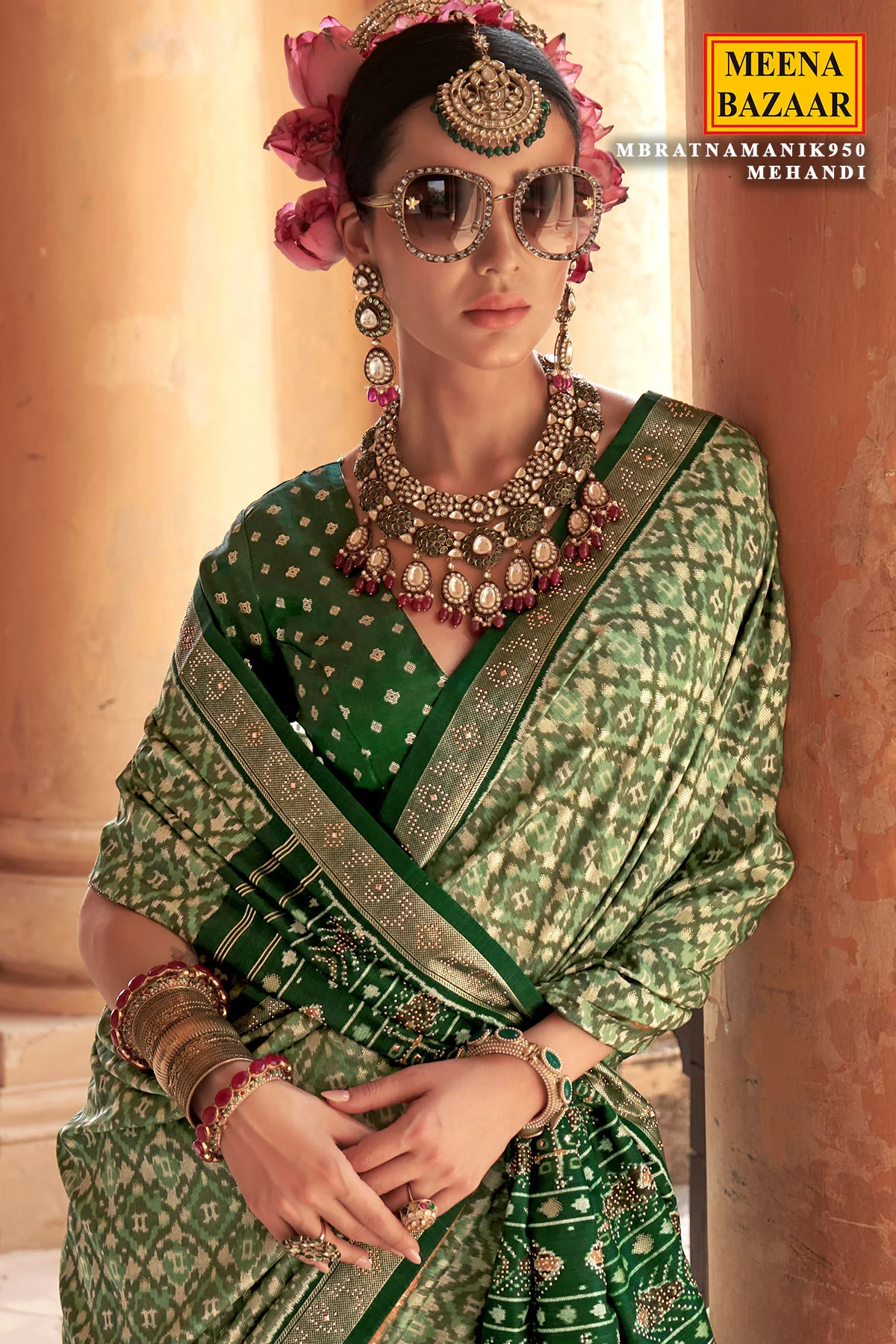 Mehandi Silk Saree with Siroski Work - Image 2