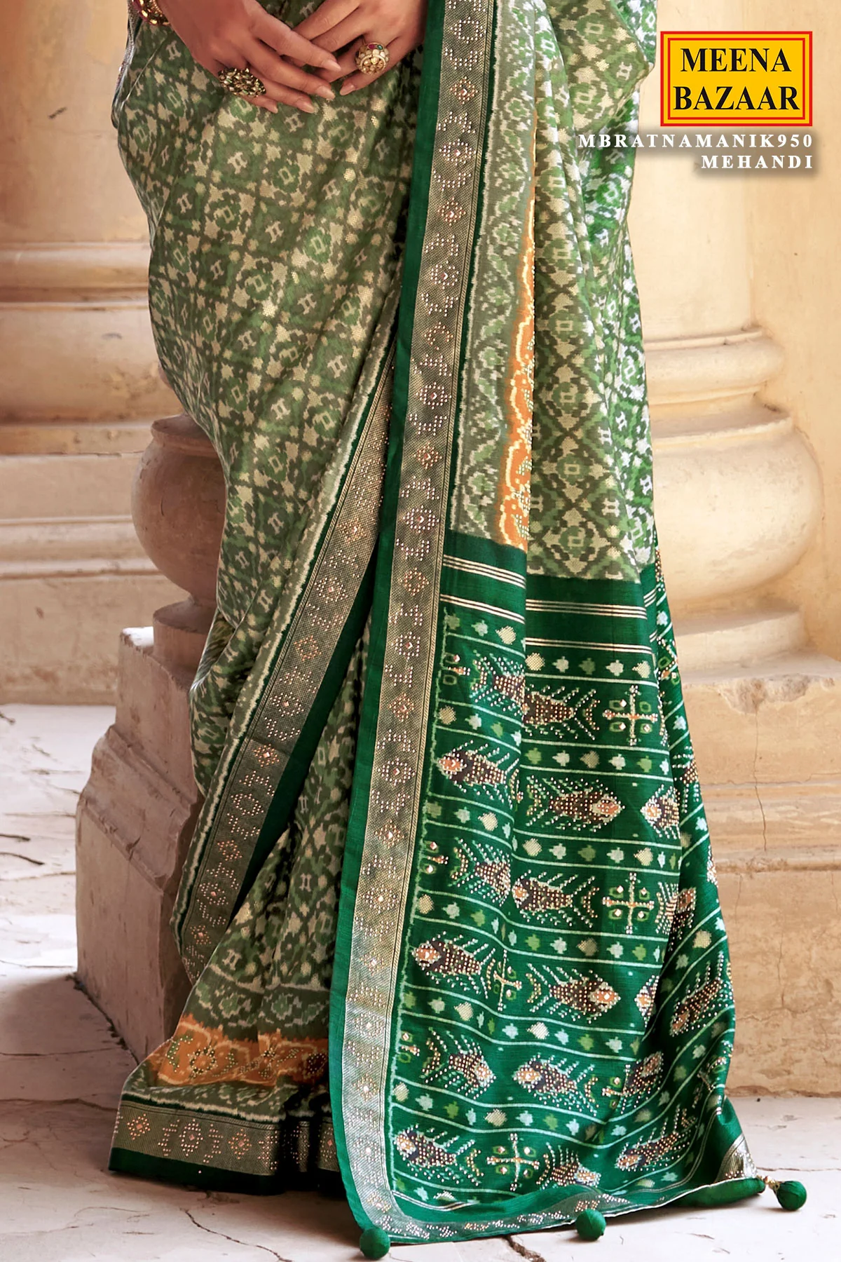 Mehandi Silk Saree with Siroski Work - Image 3