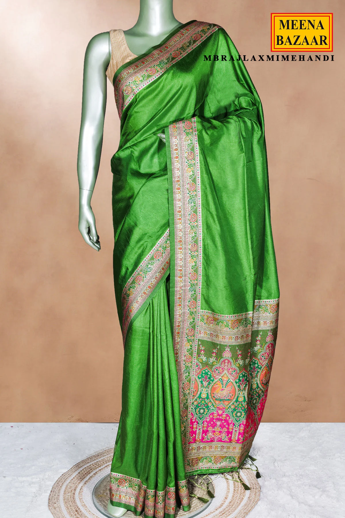 Mehandi Silk Saree with Traditional Weaving - Image 2