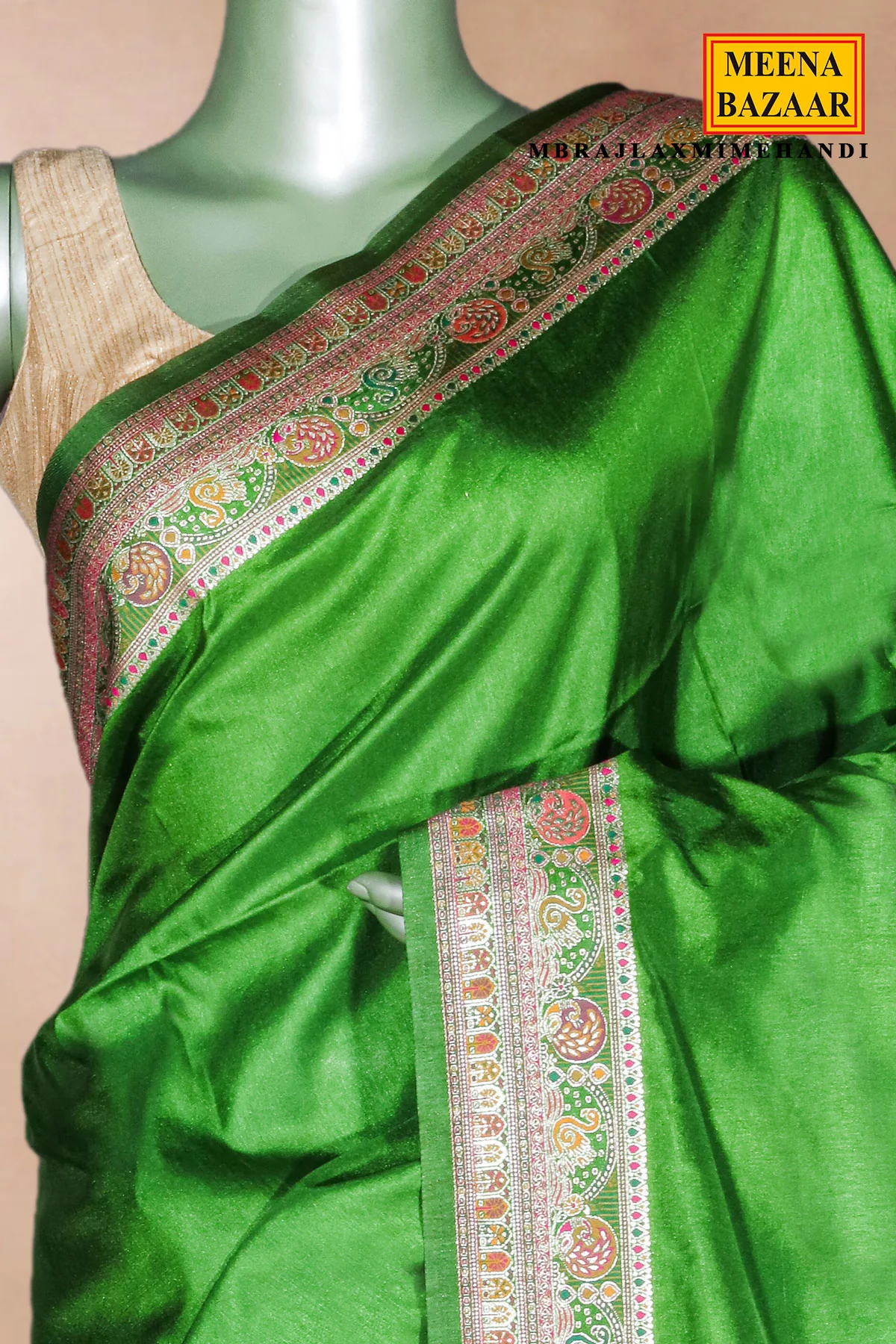 Mehandi Silk Saree with Traditional Weaving - Image 3