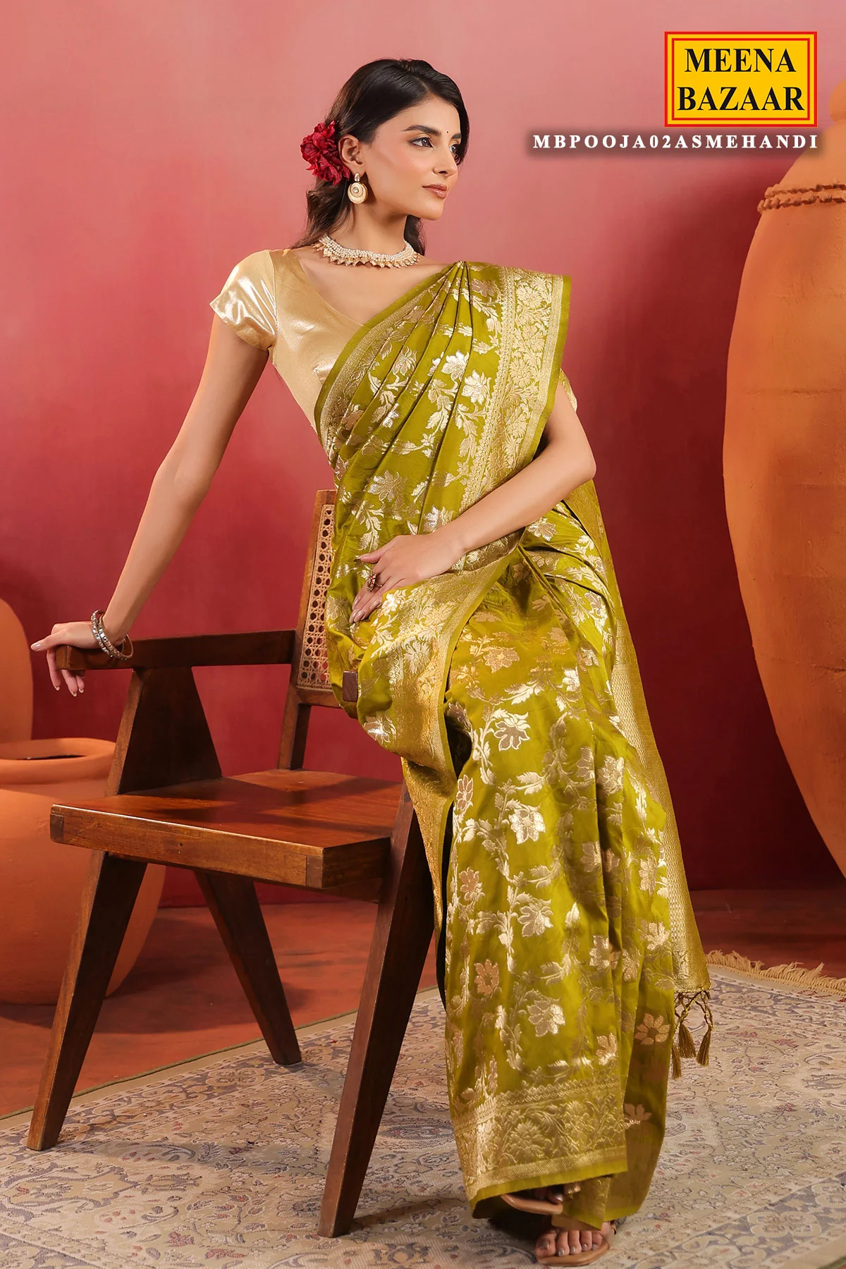 Mehandi Silk Weaving Saree - Image 5