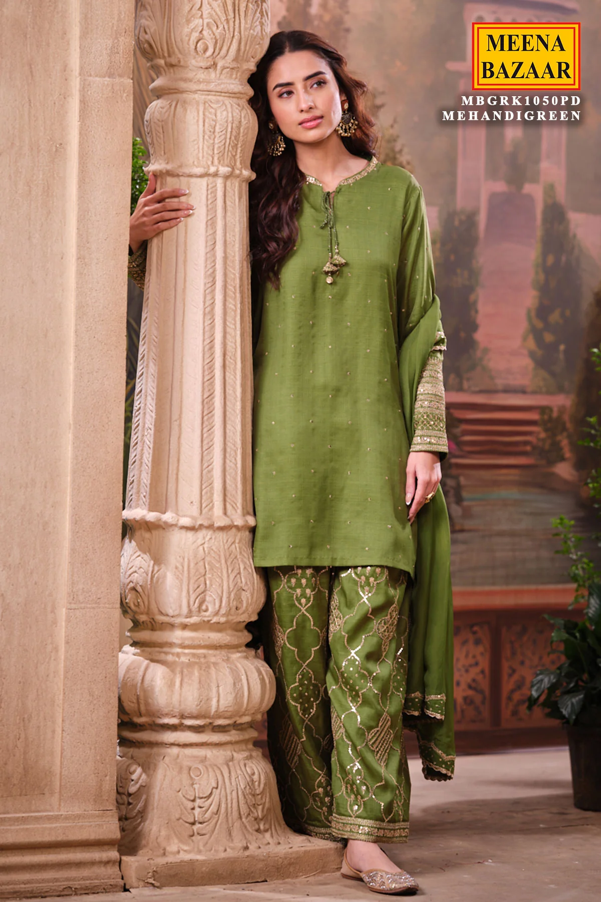 Mehndi Green Silk Shirt Set with Organza Dupatta Elegant Festive Wear - Image 5
