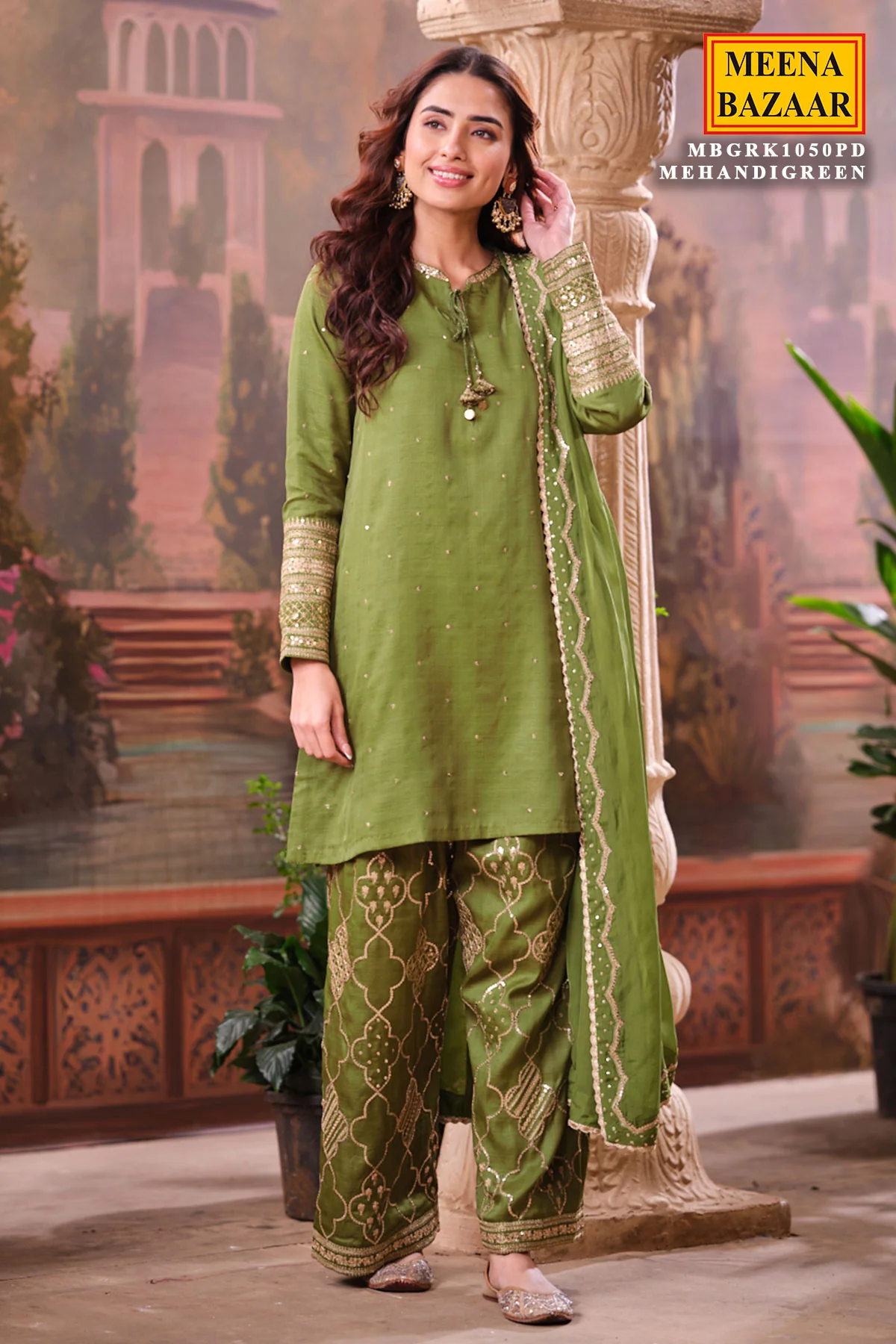 Mehndi Green Silk Shirt Set with Organza Dupatta Elegant Festive Wear - Image 6
