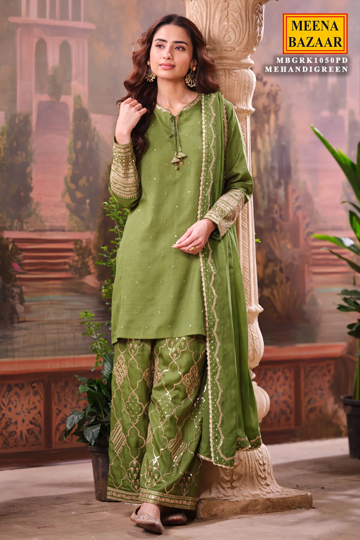 Mehndi Green Silk Shirt Set with Organza Dupatta Elegant Festive Wear - Image 7