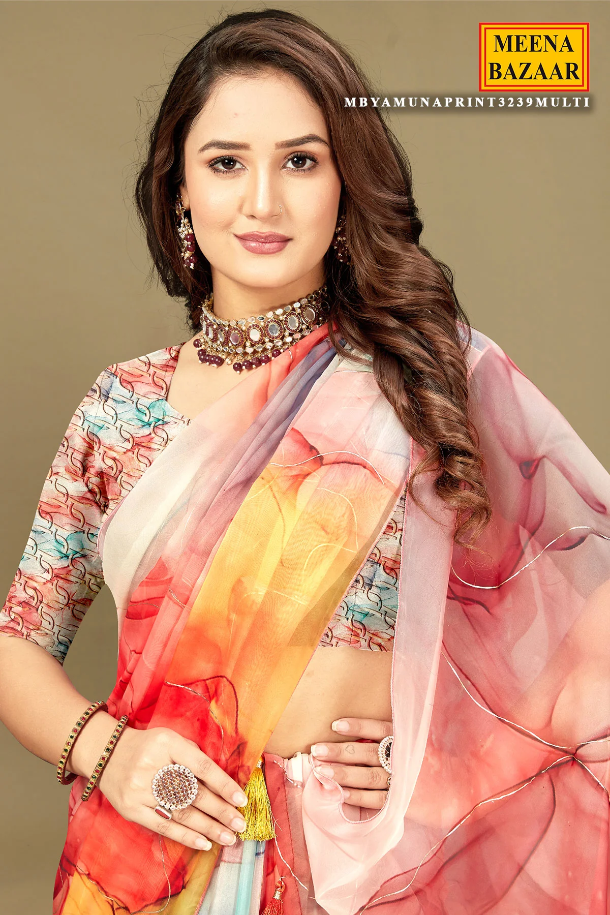 Multi Color Organza Printed Saree – Elegant & Lightweight Draping - Image 2