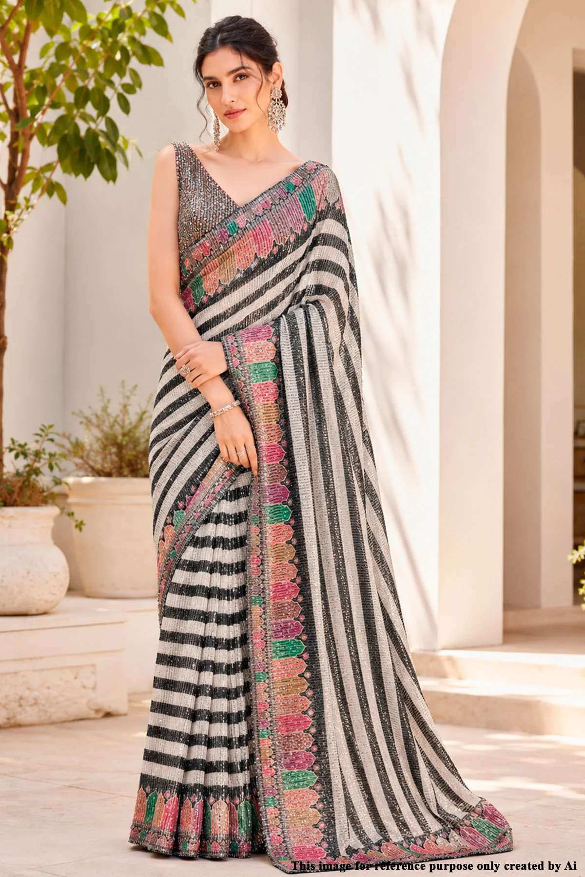 Multi Color Net Saree with Sequins Jaal Work - Designer Party Wear Saree