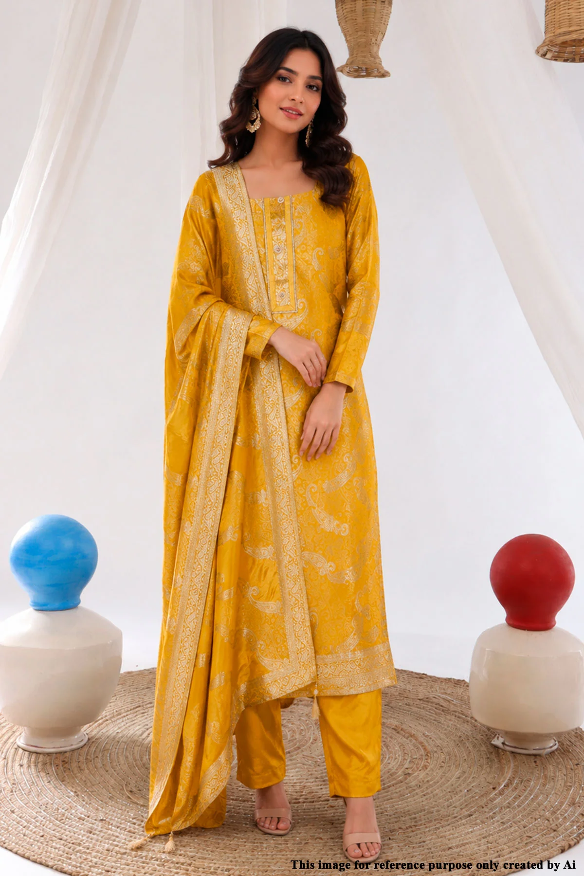 Mustard Brasso Unstitched Suit with Neck Embroidery