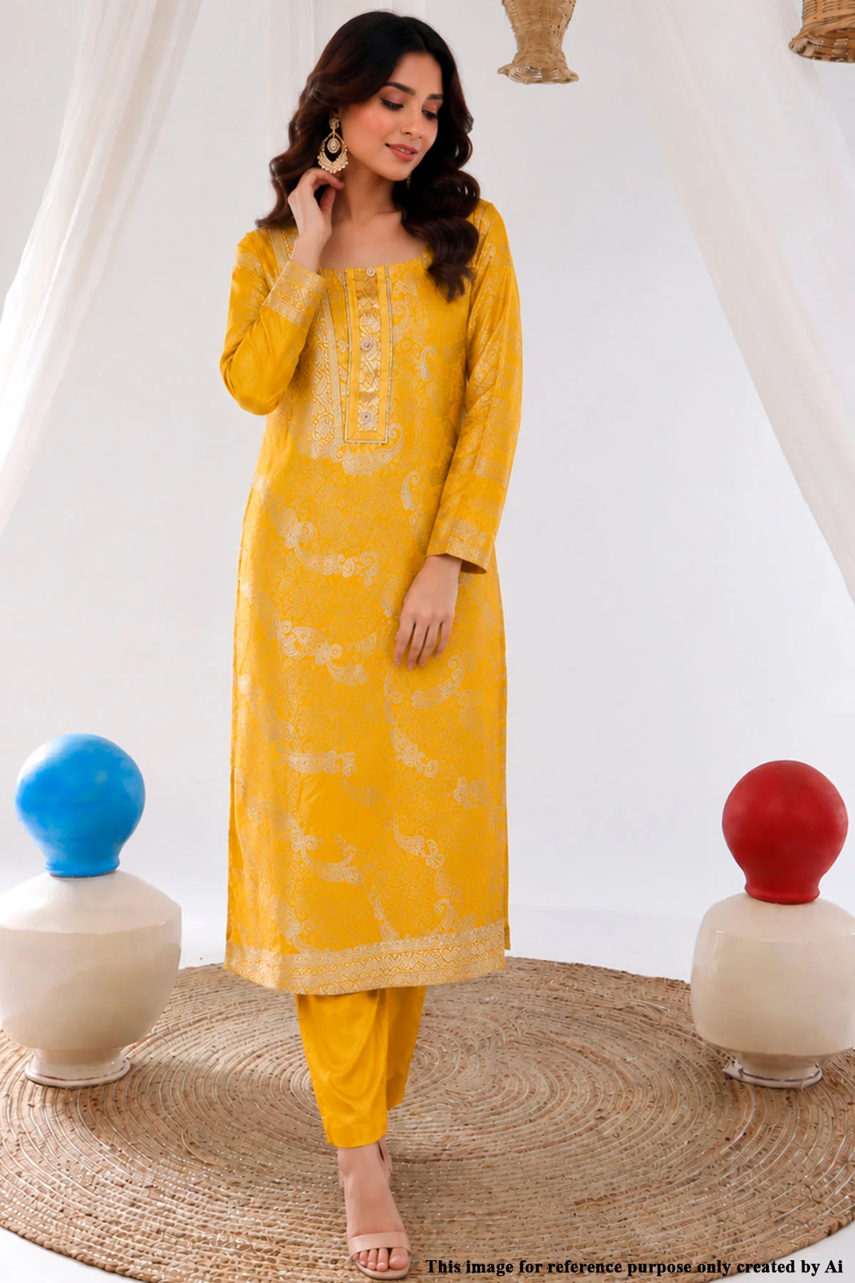 Mustard Brasso Unstitched Suit with Neck Embroidery - Image 2