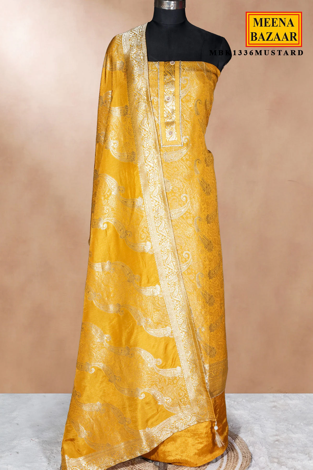 Mustard Brasso Unstitched Suit with Neck Embroidery - Image 3
